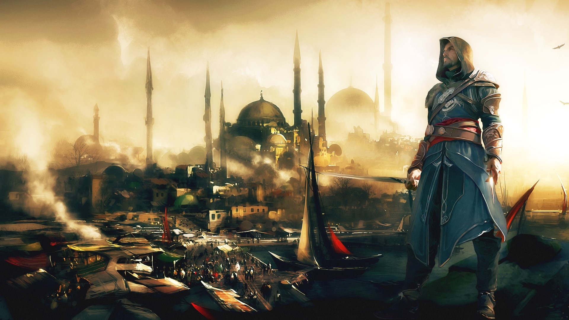 1920x1080 Assassins creed, Desmond miles, Fan art, Picture, City, Sunset, Arm wallpaper JPG