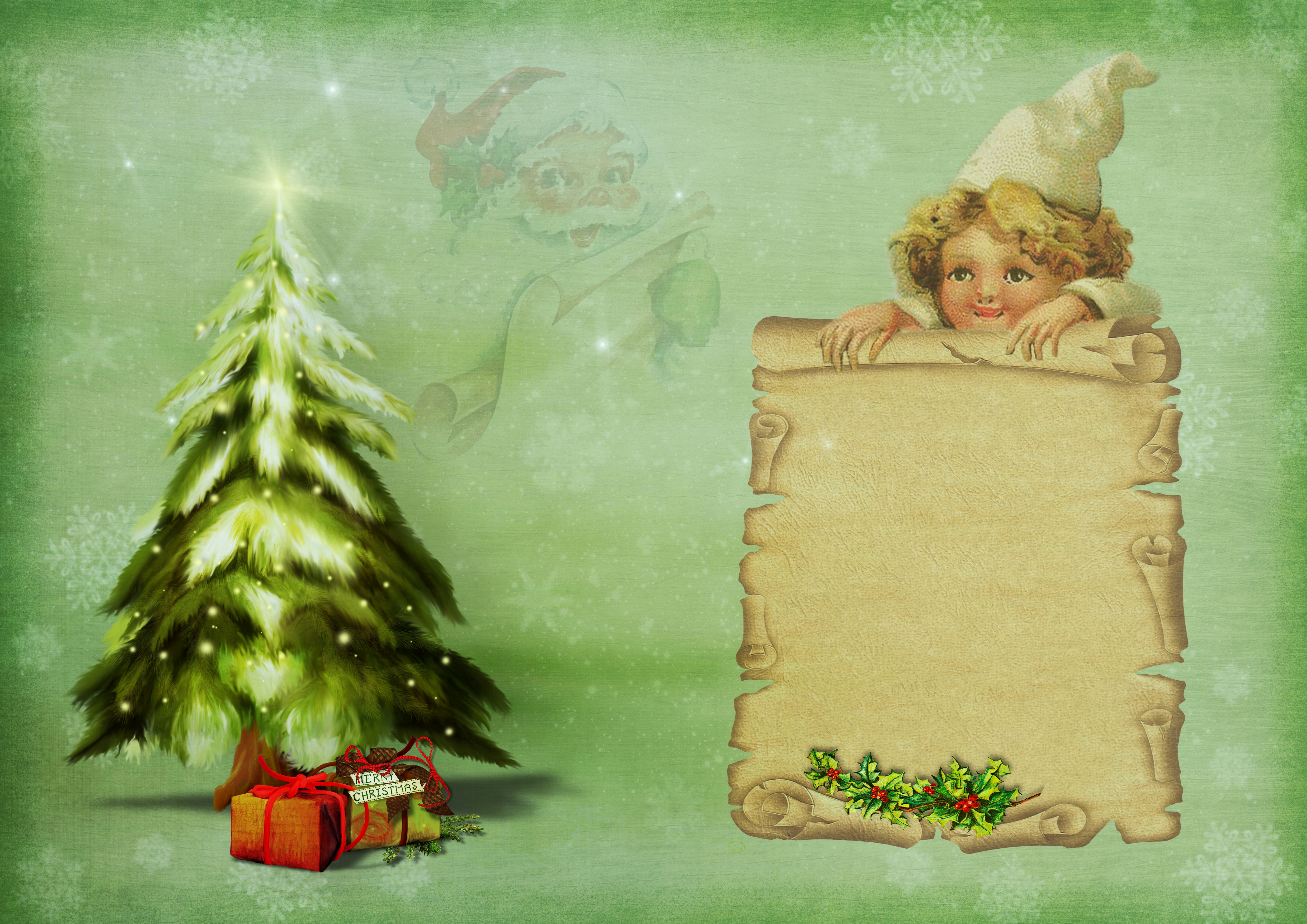 Free Image, christmas motive, santa claus, christmas tree, gifts, child, written scroll, wish list, cute, xmas card, shine, shabby, chic, scrapbook, wallpaper, winter, old, vintage, greeting card, green, fir, christmas ornament