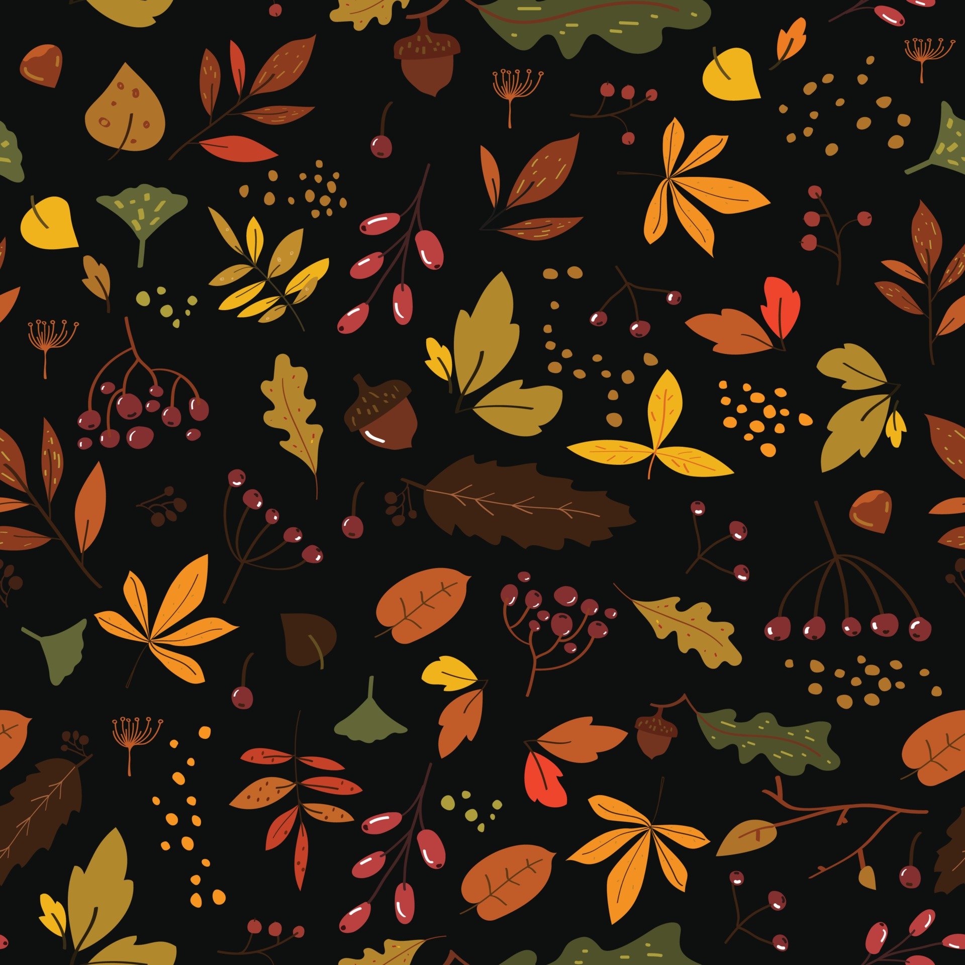 Seamless pattern with autumn leaves in Orange, Brown and Yellow. Cute trendy design for fabric, wallpaper, wrap paper. Scandinavian style repeated black background with leaves. Hand draw texture. Vector Art
