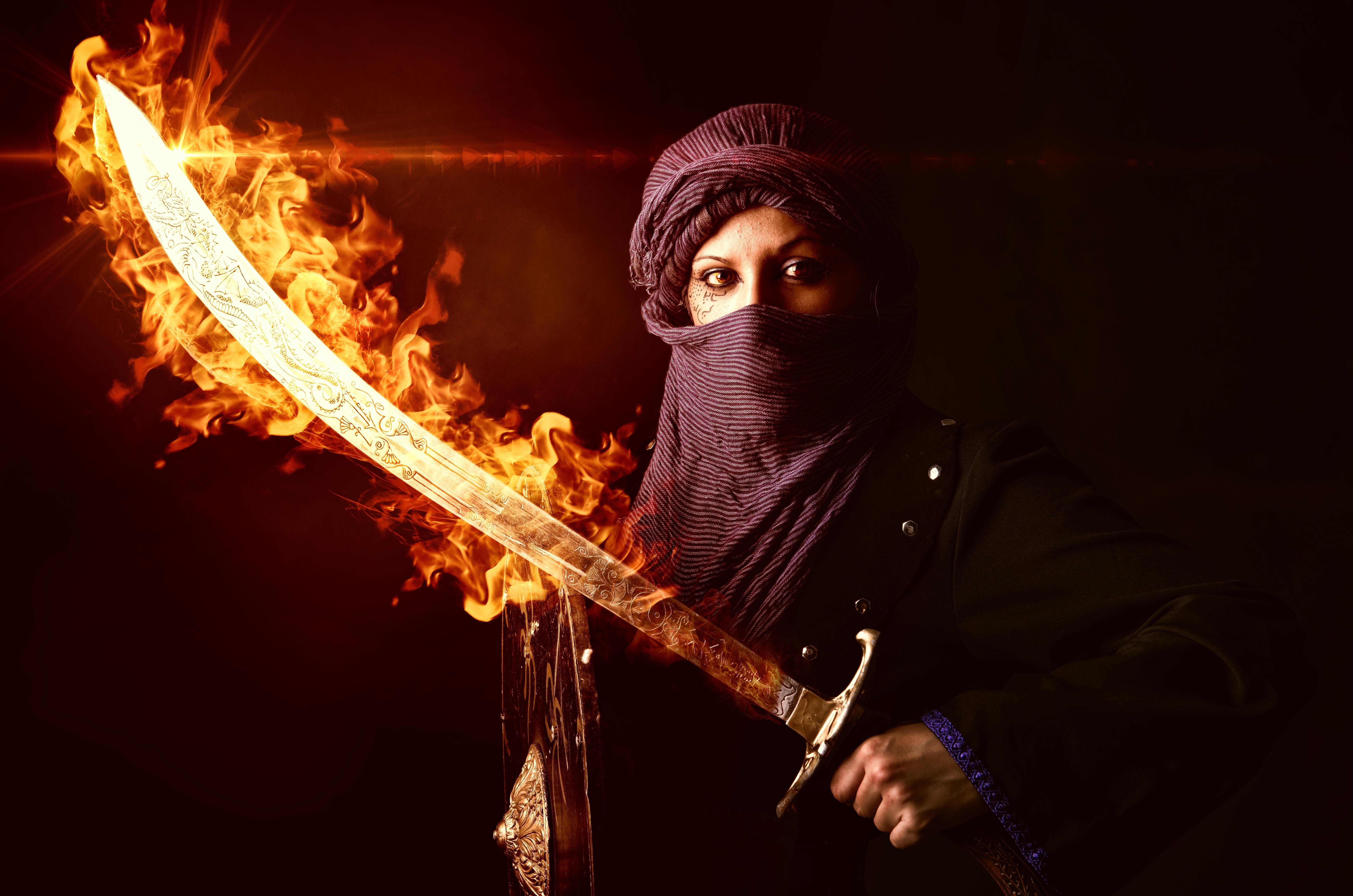 Download Wallpaper Fire Girl Sword, 7360x Arab Girl Warrior With A Burning Sword
