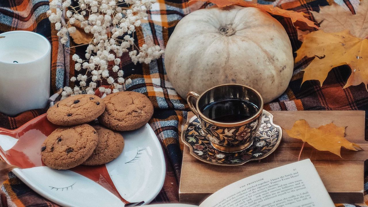 Wallpaper tea, book, autumn, cookies, leaves, pumpkin hd, picture, image