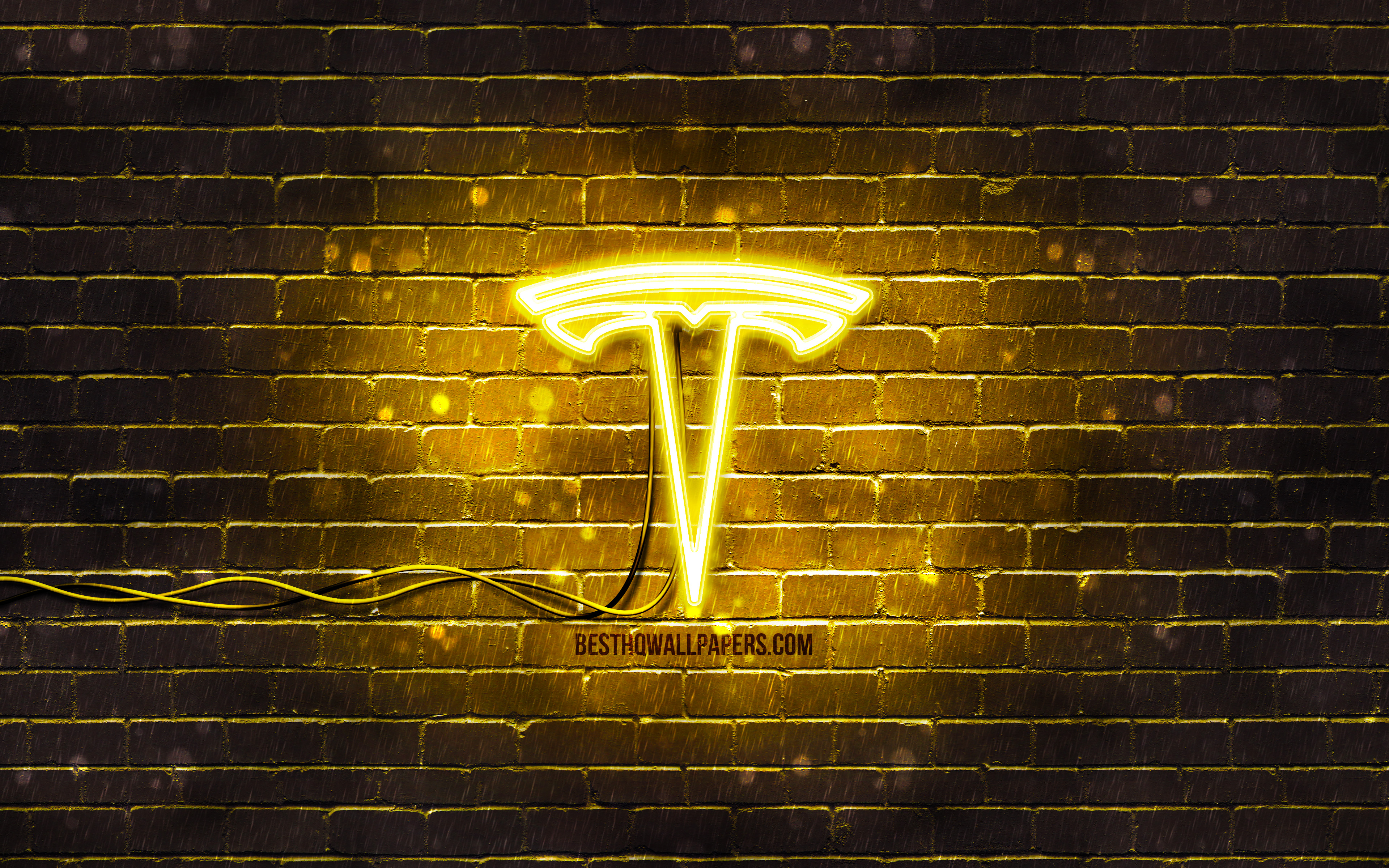 Download wallpaper Tesla yellow logo, 4k, yellow brickwall, Tesla logo, cars brands, Tesla neon logo, Tesla for desktop with resolution 3840x2400. High Quality HD picture wallpaper