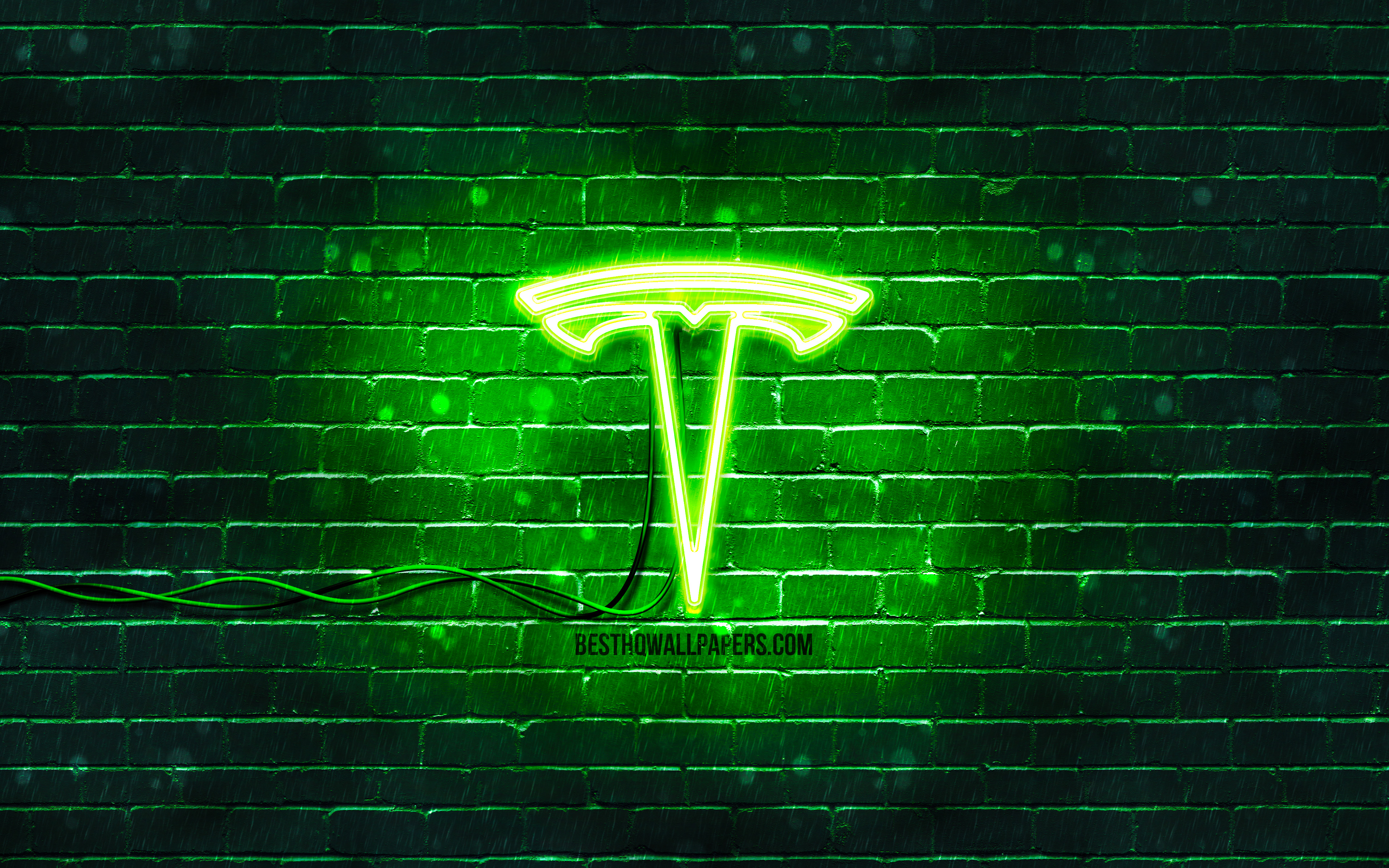 Download wallpapers Tesla green logo, 4k, green brickwall, Tesla logo, cars...