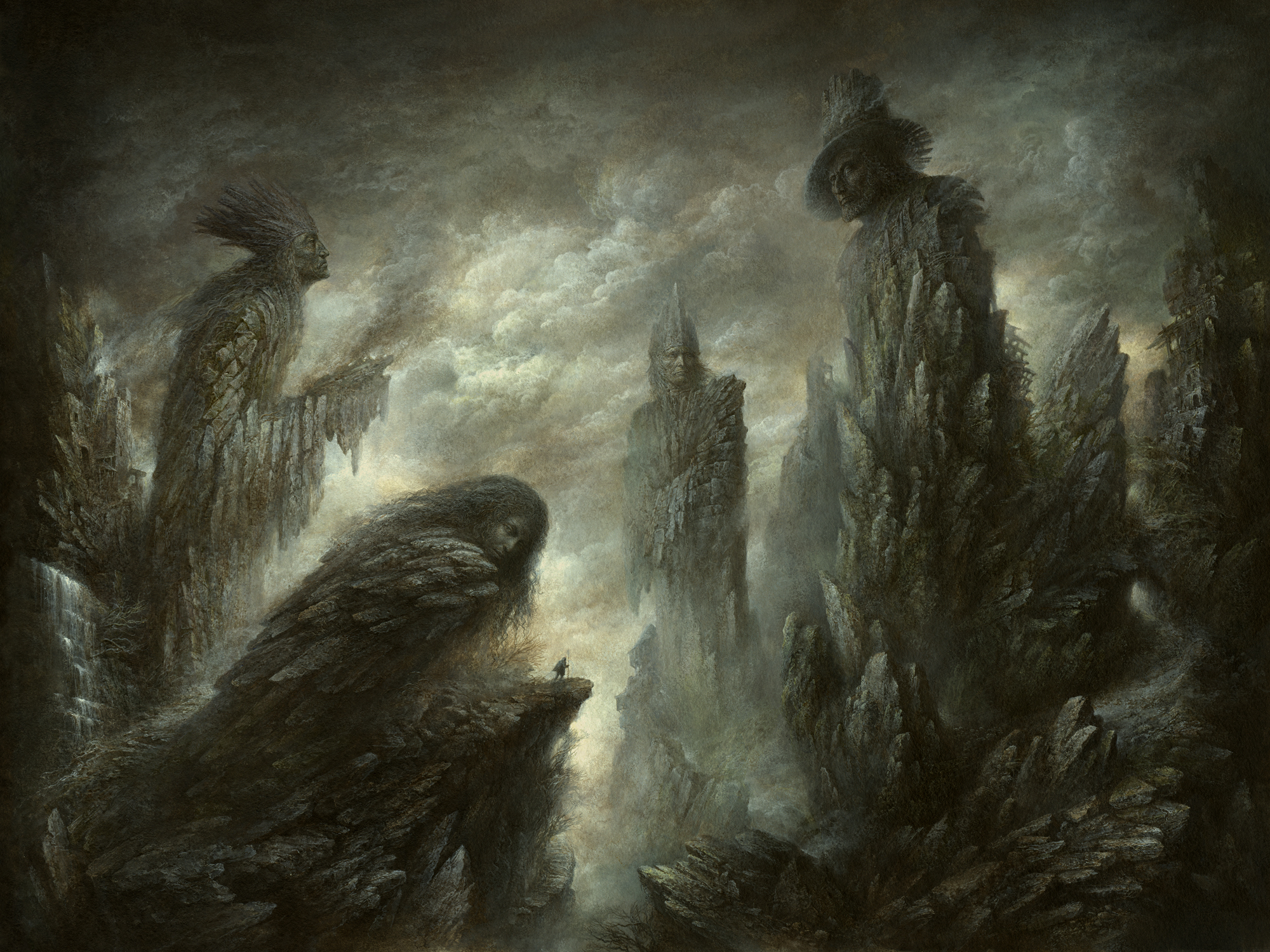 Wallpaper, painting, rock, ruin, artwork, surreal, cliff, gloomy, statue, path, giant, mythology, colossus, ART, majestic, moody, mountain, acrylic, darkness, screenshot, drybrush, ominous, divide 2000x1500