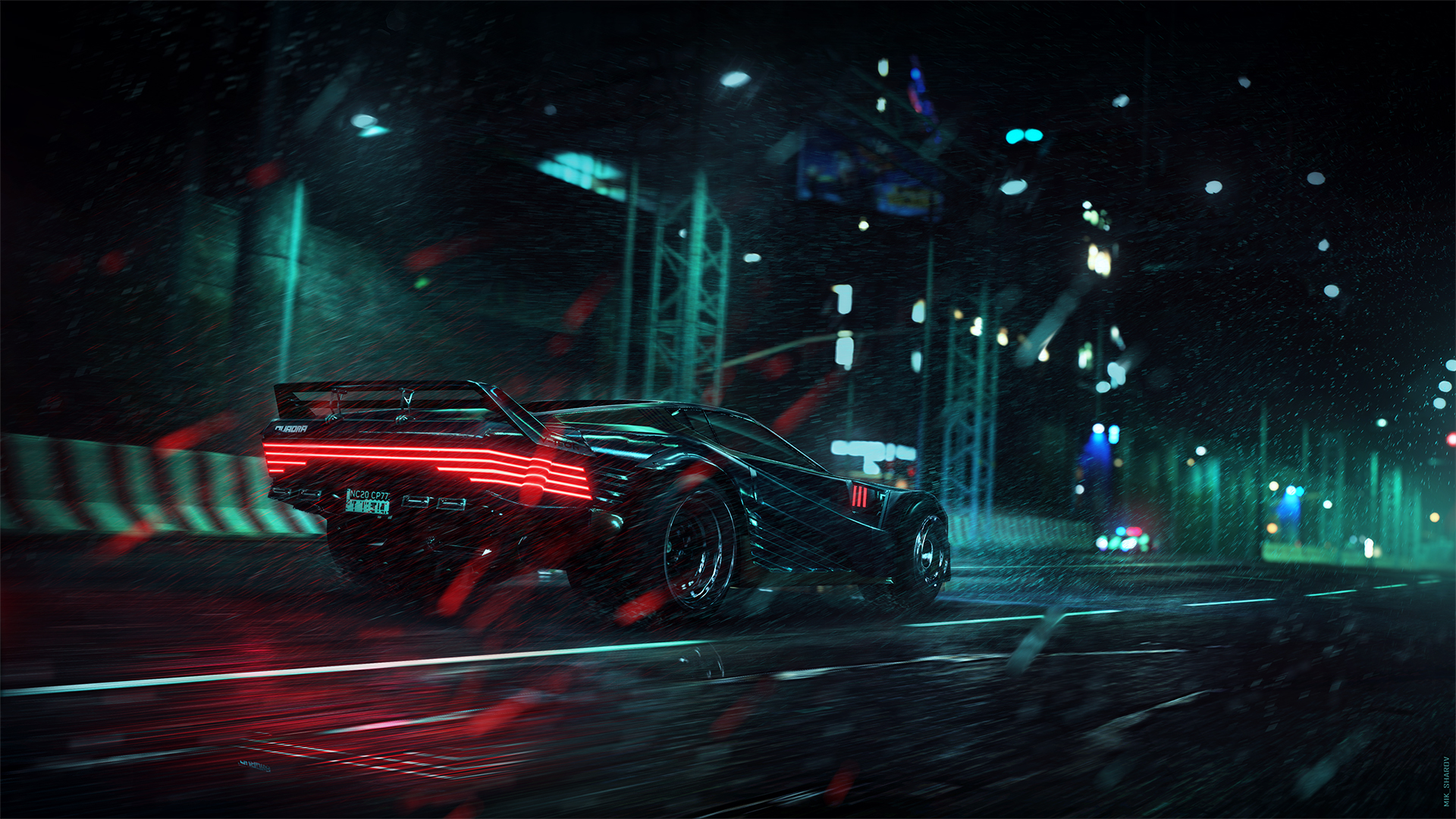 Wallpaper, artwork, car, cyberpunk, racing, night, lights, tail light, road, Cyberpunk 2077, rain, neon glow 1920x1080