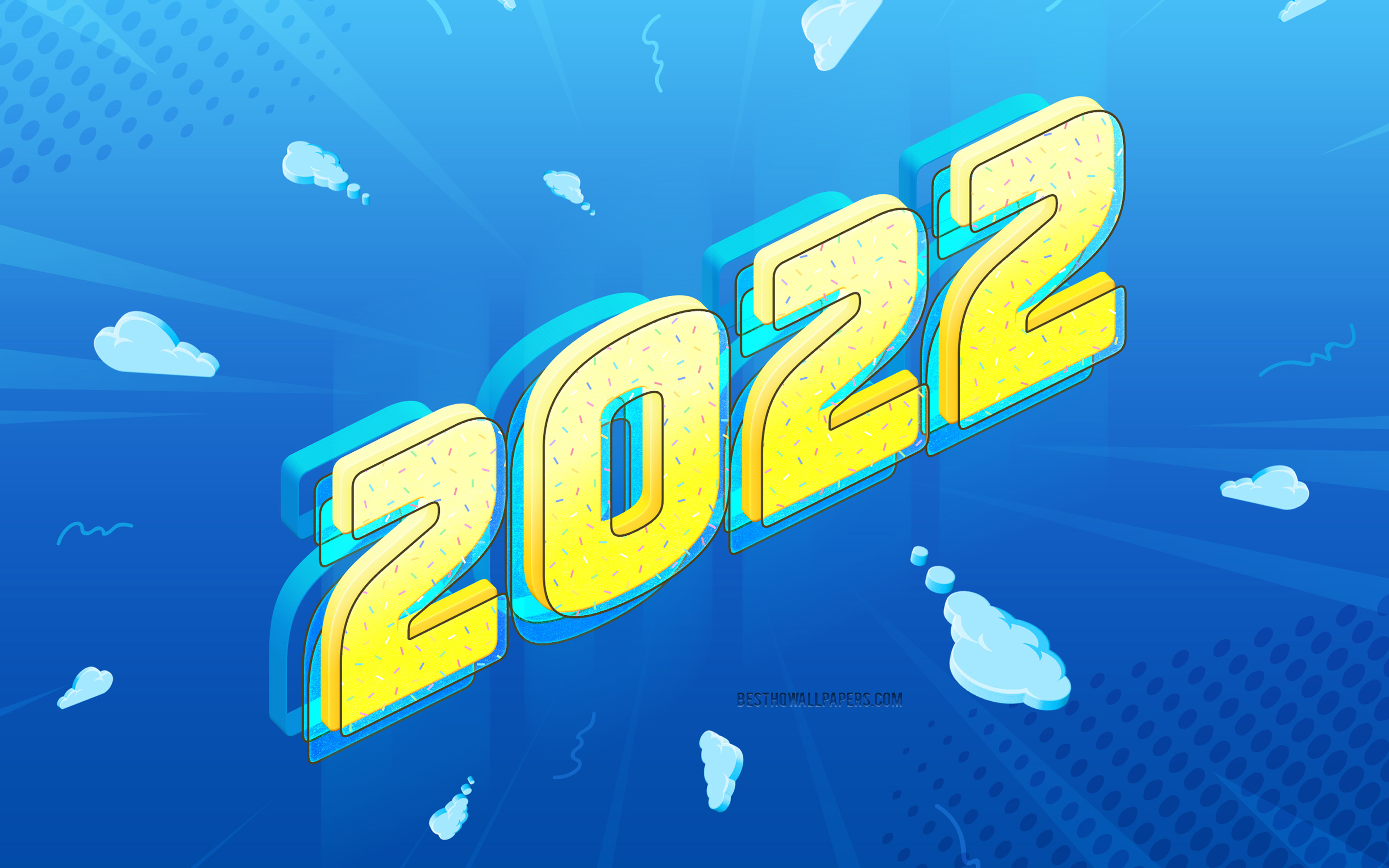 Download wallpaper 2022 New Year, blue background, 2022 3D art, Happy New Year yellow 3D letters, 2022 concepts, 2022 3D background, 2022 blue background, 2022 greeting card for desktop with resolution 3840x2400. High Quality HD picture wallpaper