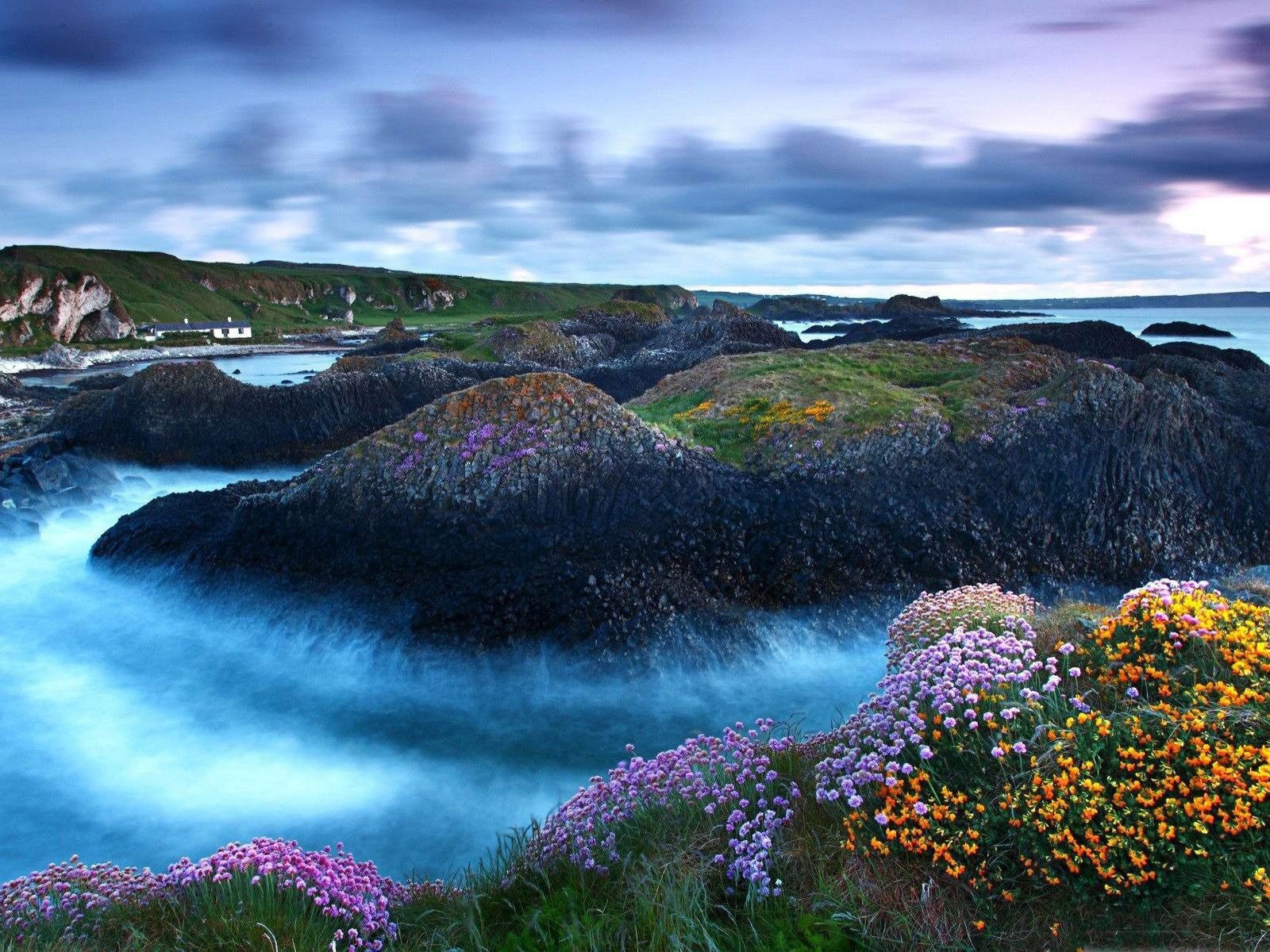 Arrival Of Spring Nature Landscape Coast Sea Mountains With Spring Meadow Flowers In Various Colors Sky With Gray Clouds Wallpaper HD 1920x1200, Wallpaper13.com