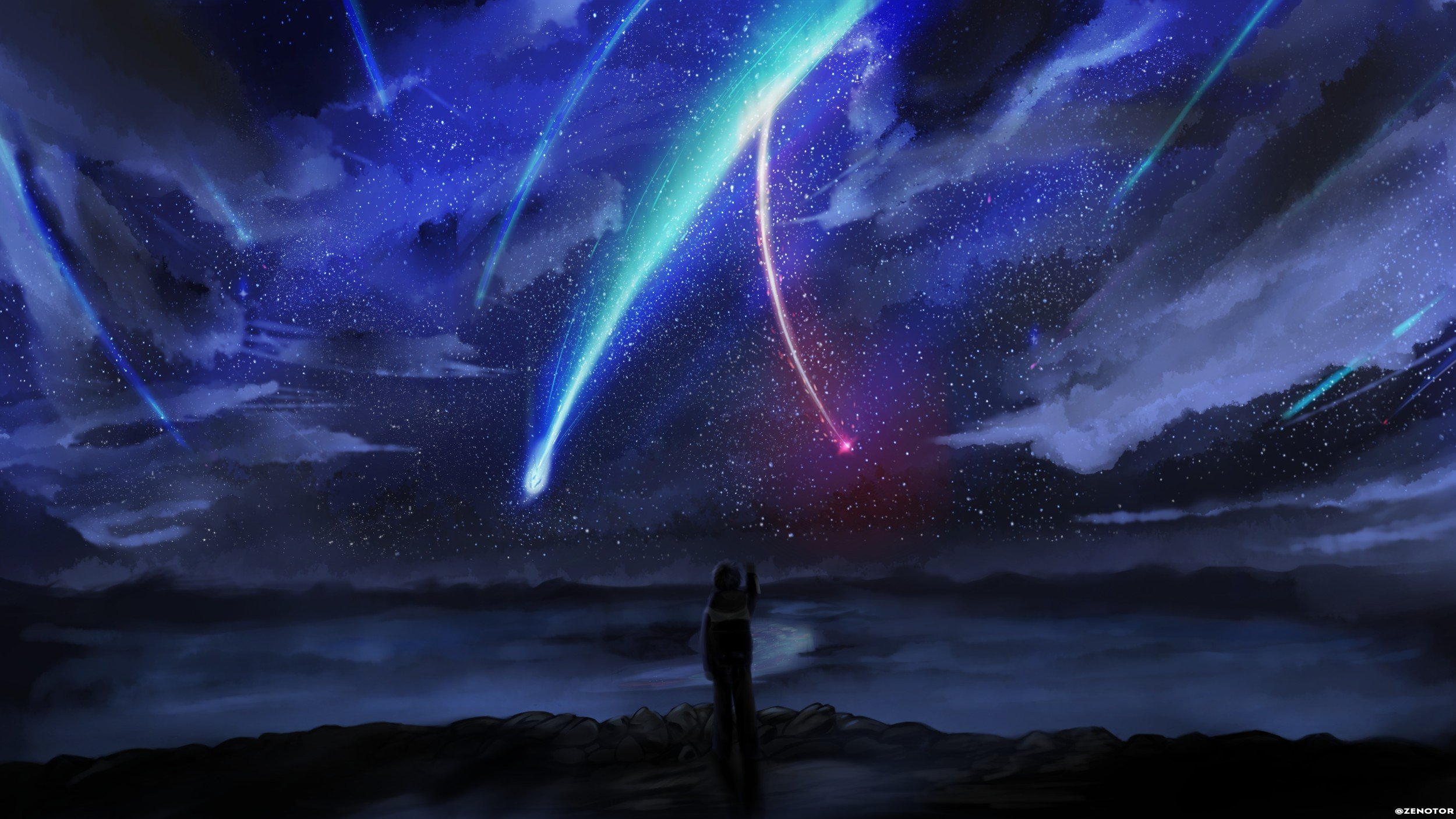 your name., Anime, Stars, Sky, Horizon, Comet, Anime boy HD Wallpaper / Desktop and Mobile Image & Photo