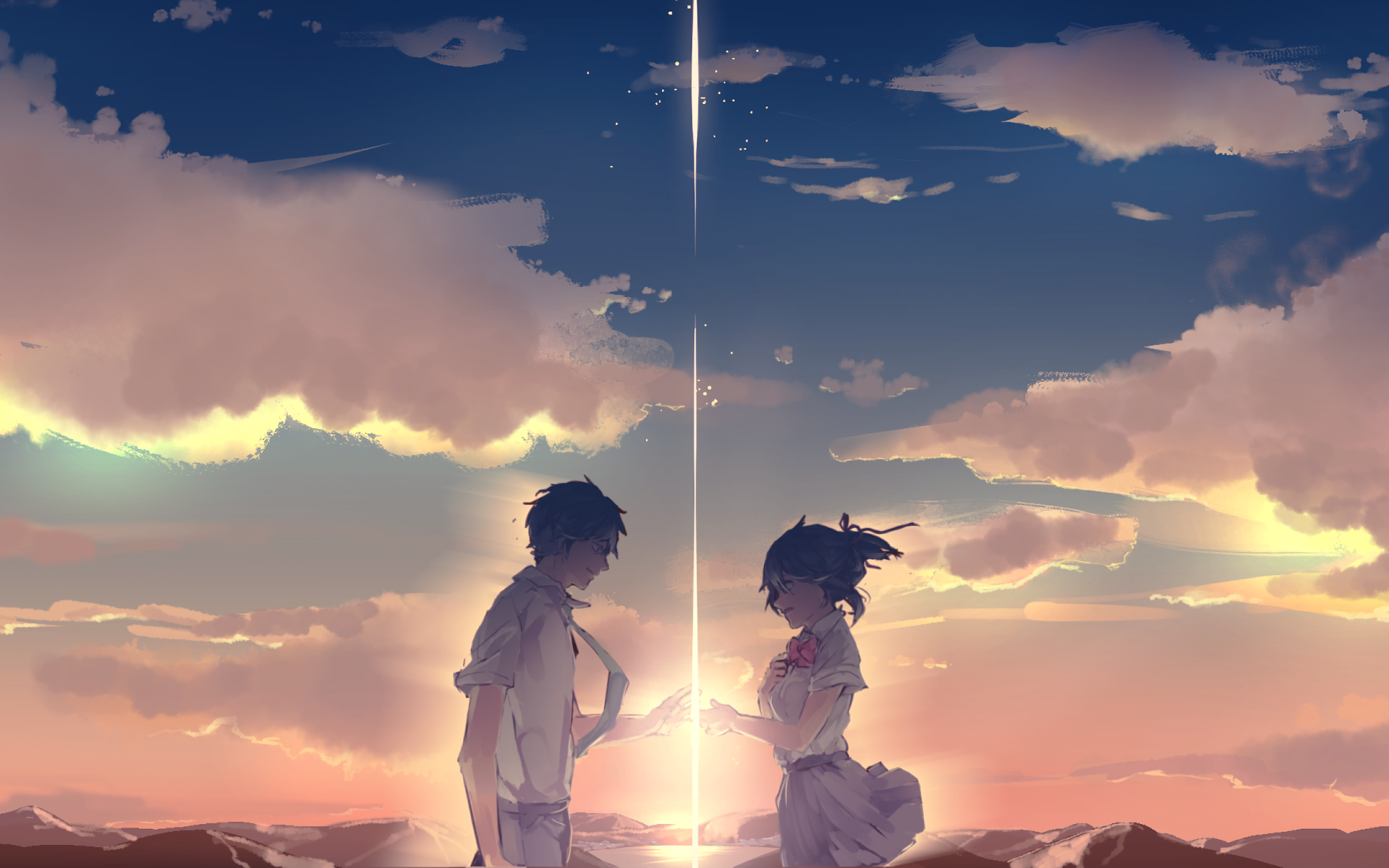 Wallpaper / Kimi no Na Wa, Your Name, anime boys, sky, anime girls, outdoors, clouds