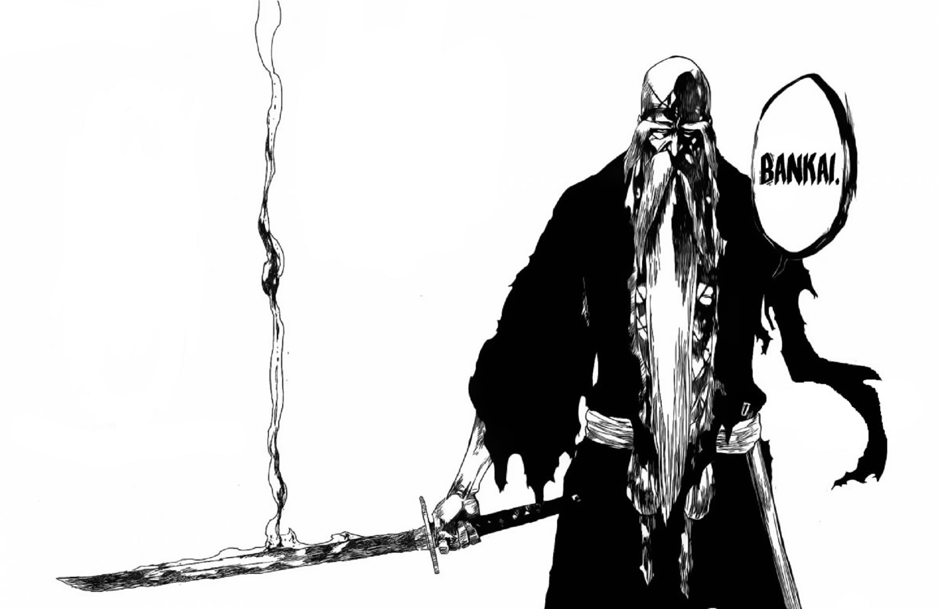 simple background, sword, Genryūsai Shigekuni Yamamoto, anime, manga, Bleach, bankai, monochrome HD Wallpaper