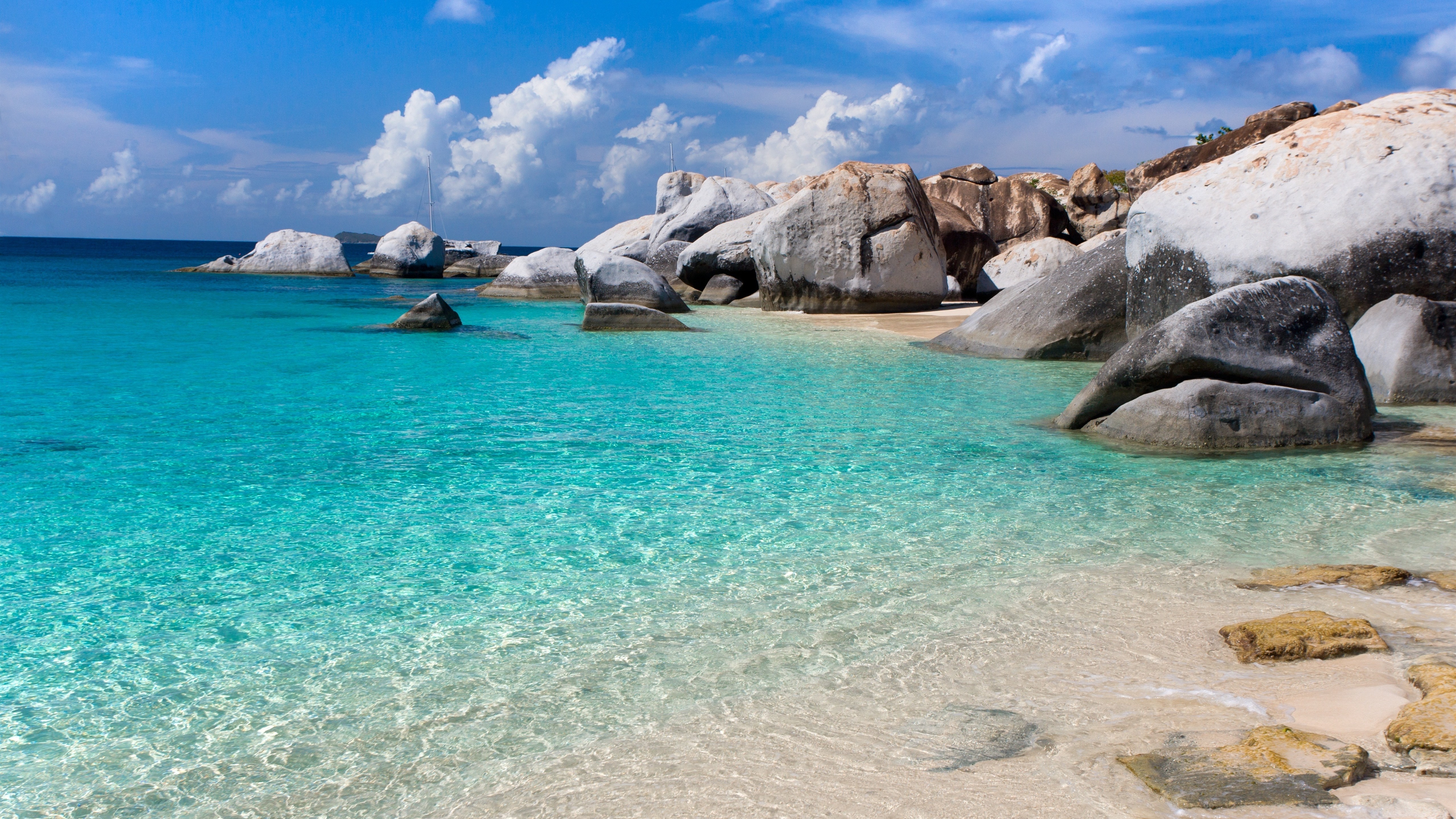 Wallpaper Sea, clear water, stones, beach, clouds, tropical 5120x2880 UHD 5K Picture, Image