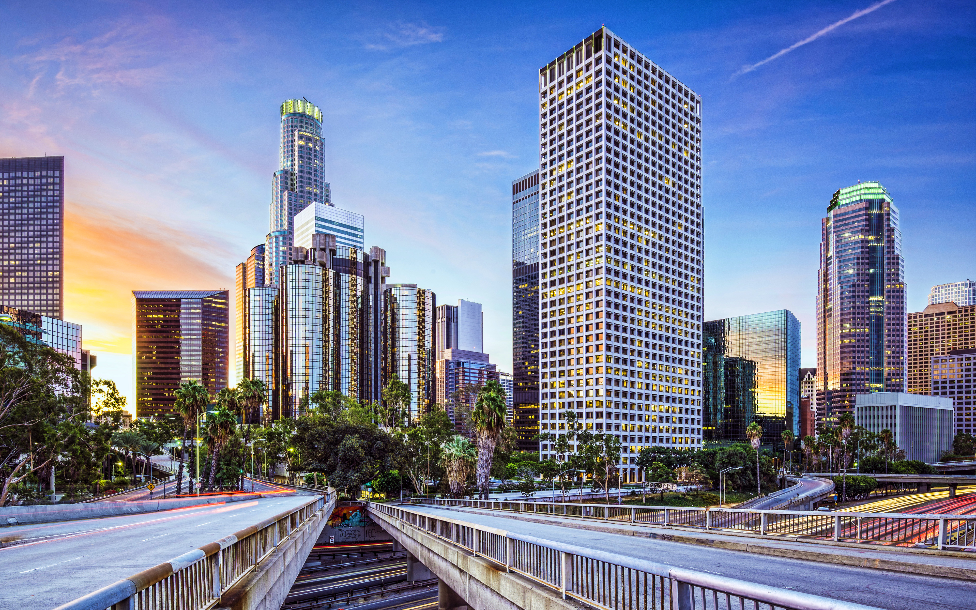 Download wallpaper Los Angeles, 4k, modern buildings, american cities, California, America, Los Angeles at evening, USA, City of Los Angeles, Cities of California for desktop with resolution 3840x2400. High Quality HD picture