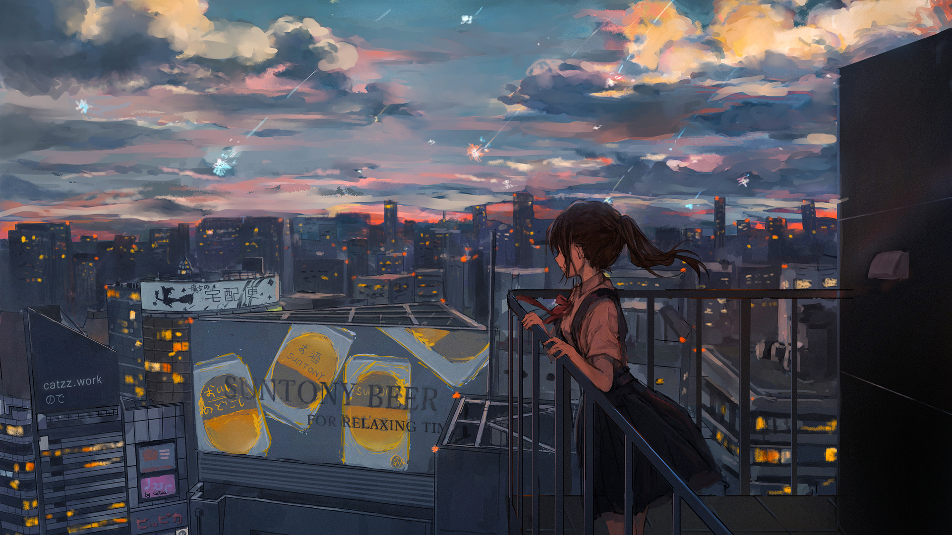 Evening girl night view urban meteor 2k anime wallpaper