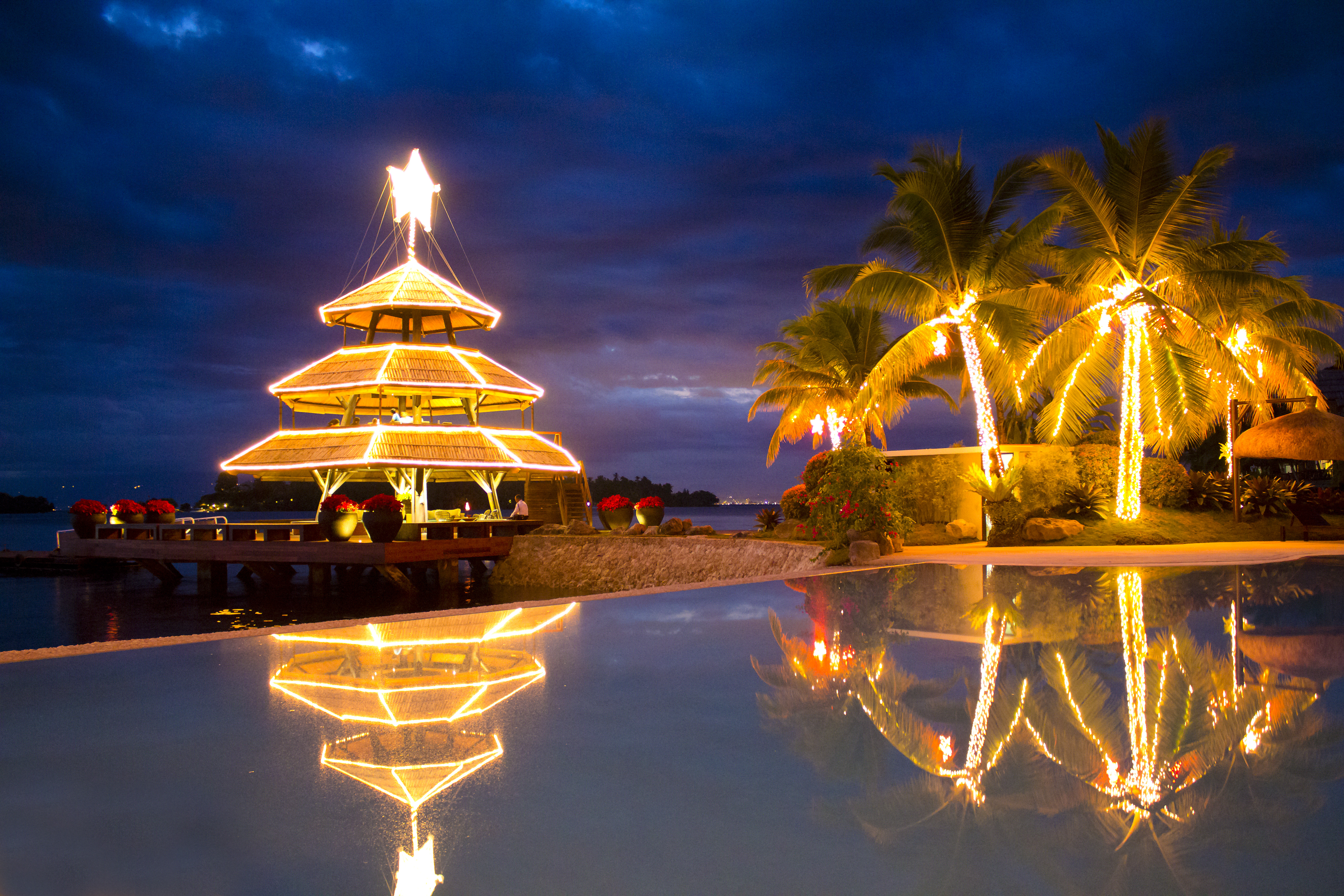 Wallpaper, longexposure, beach, clouds, pagoda, scenic, nightshoot, swimmingpool, bluehour, amateur, davao, sta, coconuttrees, pearlfarm, waterreflection, christmaslight, canon650d, blinkagain 5184x3456