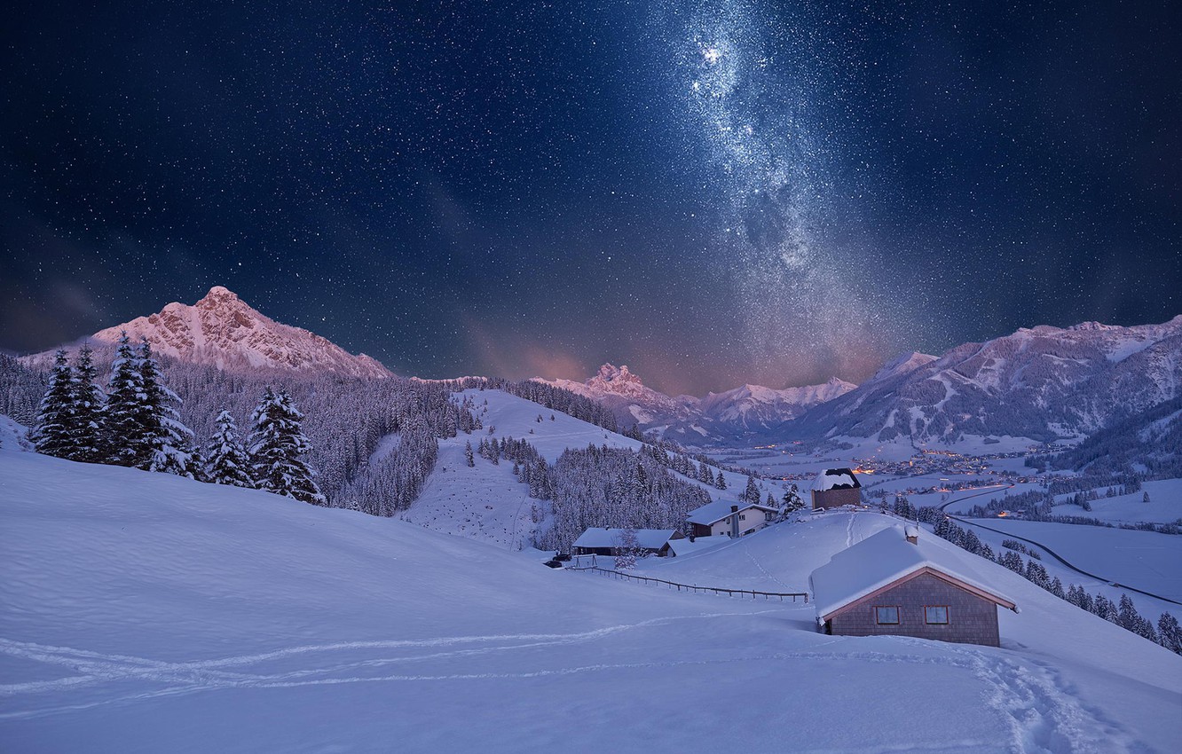 Wallpaper winter, snow, mountains, night, house image for desktop, section пейзажи