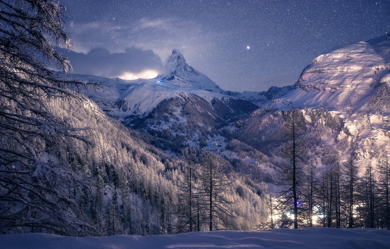 Wallpaper Winter, Mountains, Night, Landscape image for desktop, section пейзажи