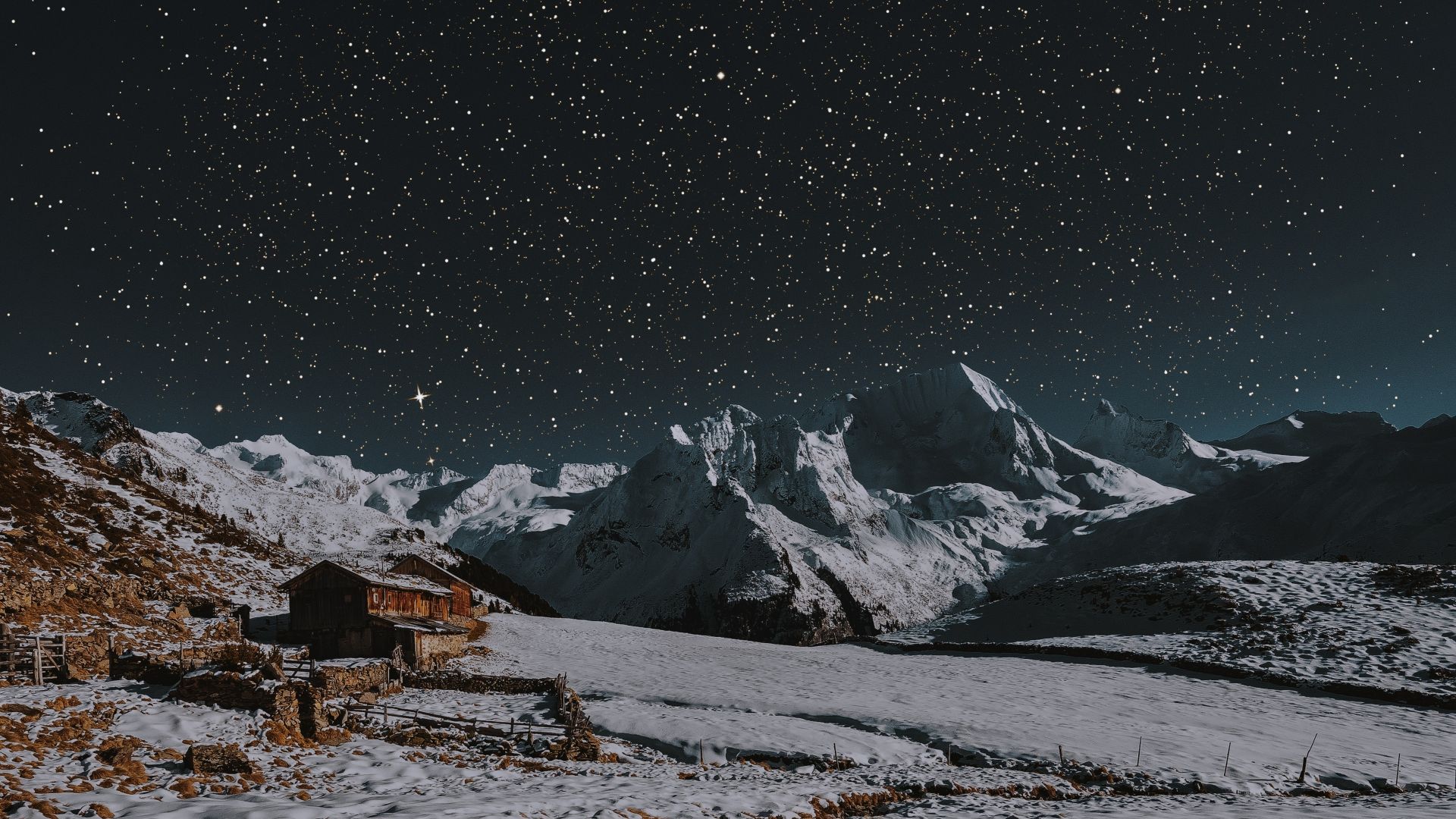 Desktop wallpaper house, winter, landscape, mountains, night, HD image, picture, background, 86011b