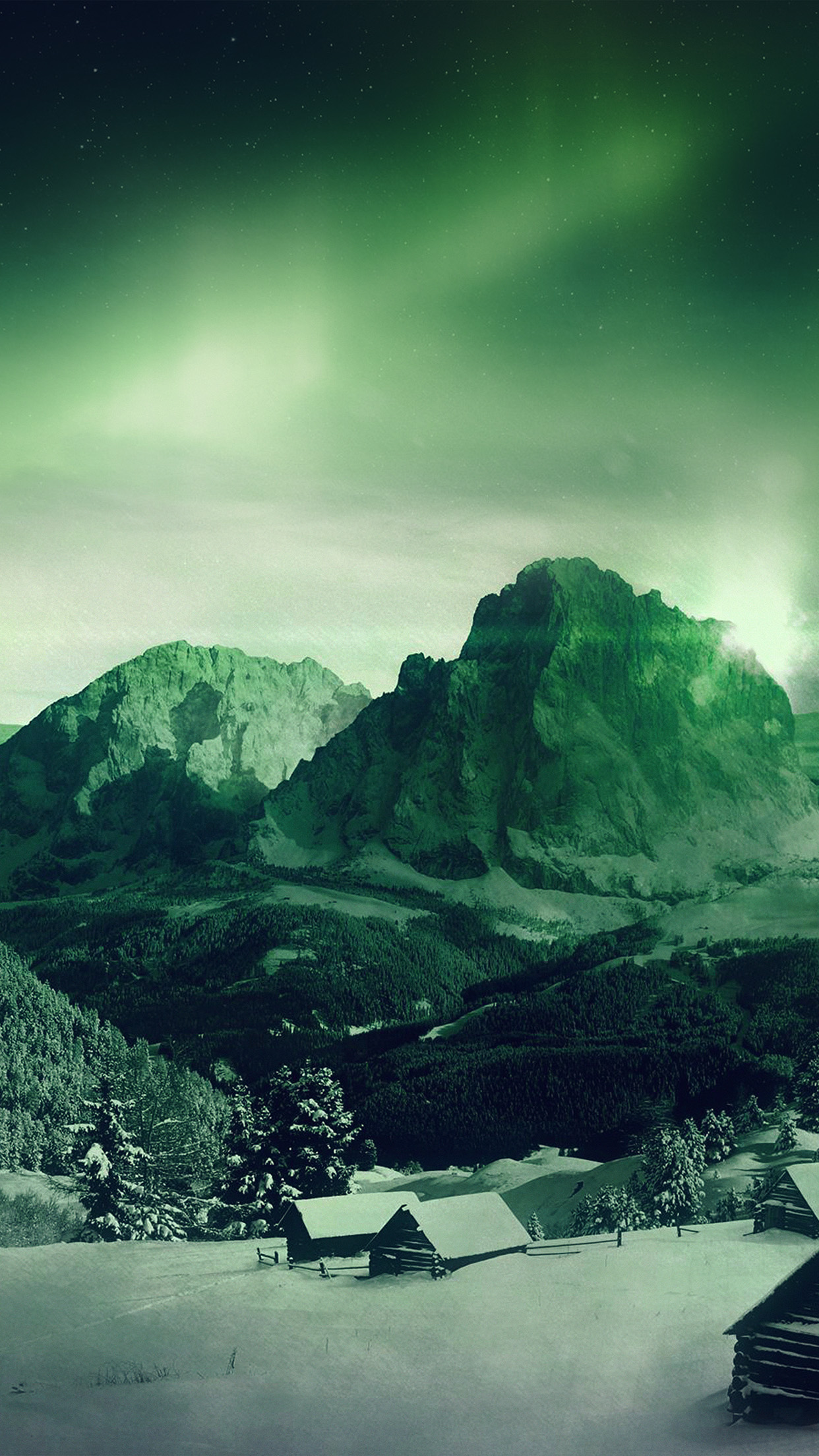 Night Sky Mountain Snow Winter Aurora Green Wallpaper