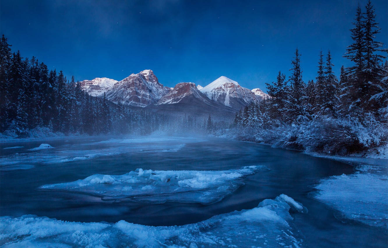 Wallpaper winter, forest, snow, mountains, night, river, ice, Canada, Albert image for desktop, section природа