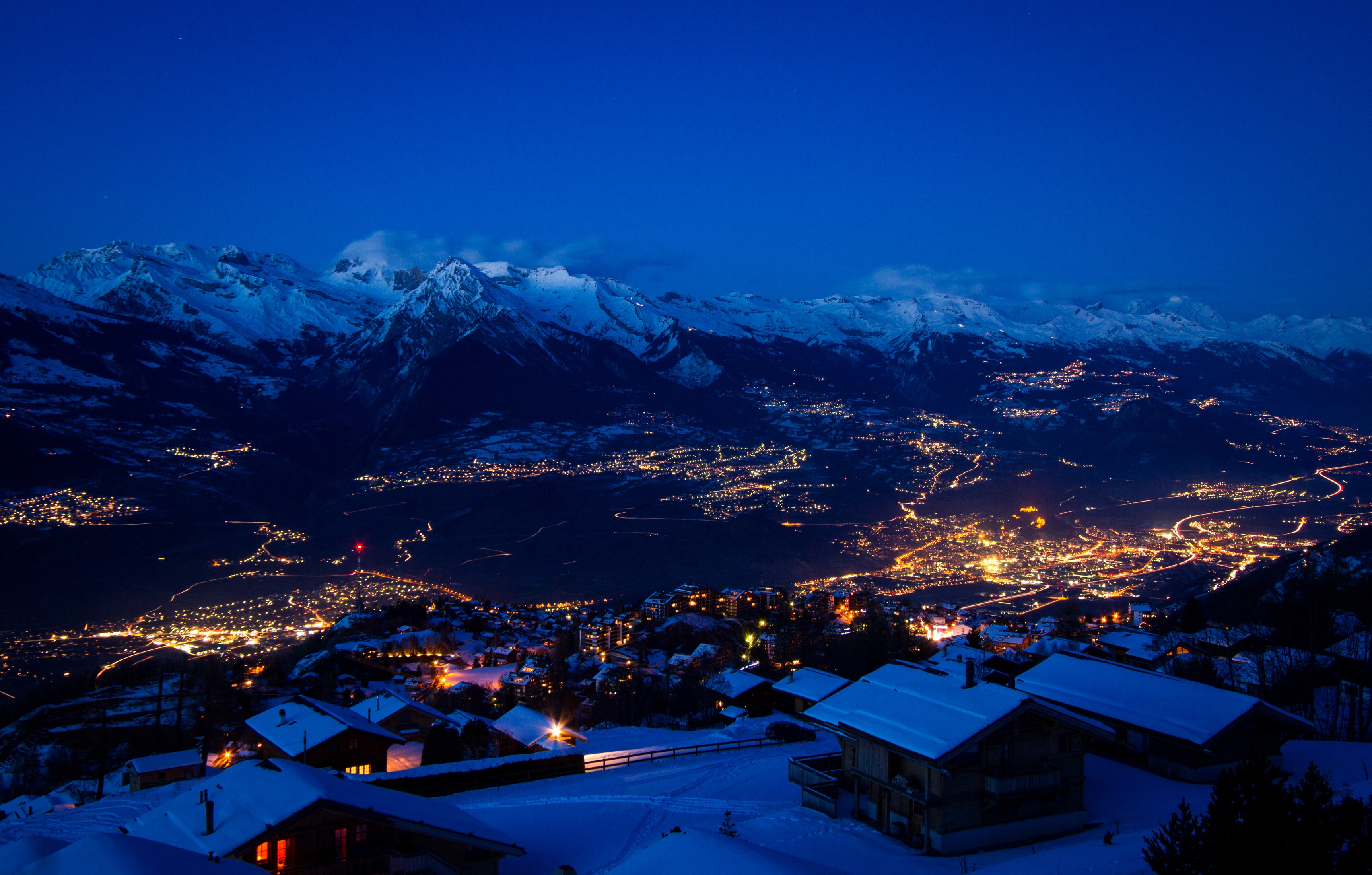 Sion, Switzerland, Houses, Winter, Mountains, Night, Snow HD Wallpaper