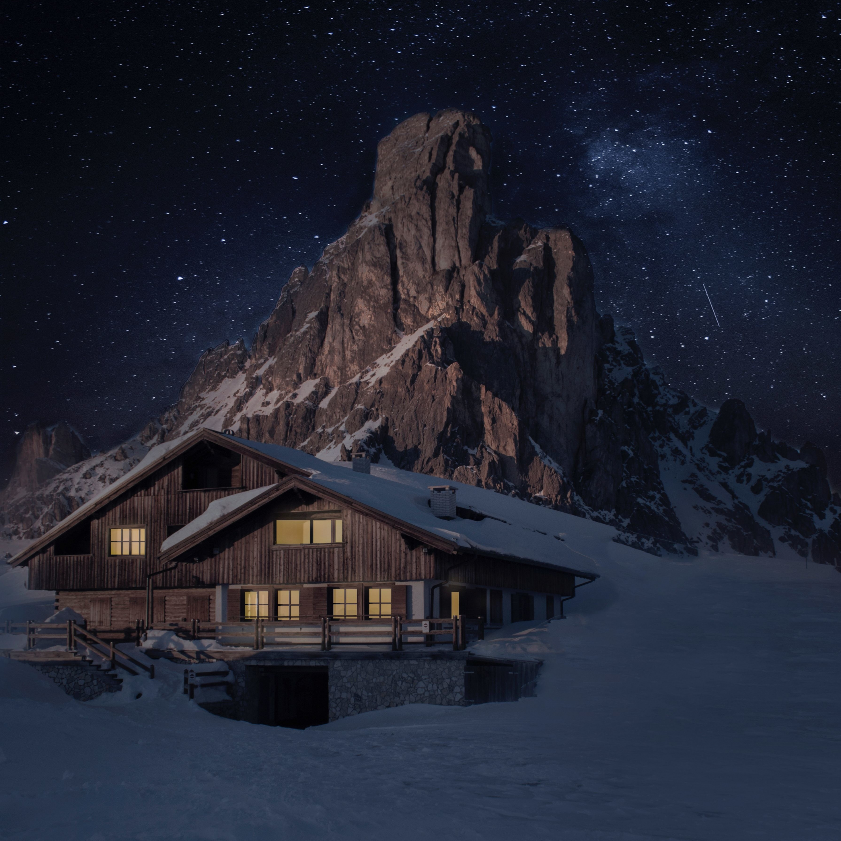 Download 2932x2932 wallpaper house and mountain, night, winter, ipad pro retina, 2932x2932 HD image, background, 23736