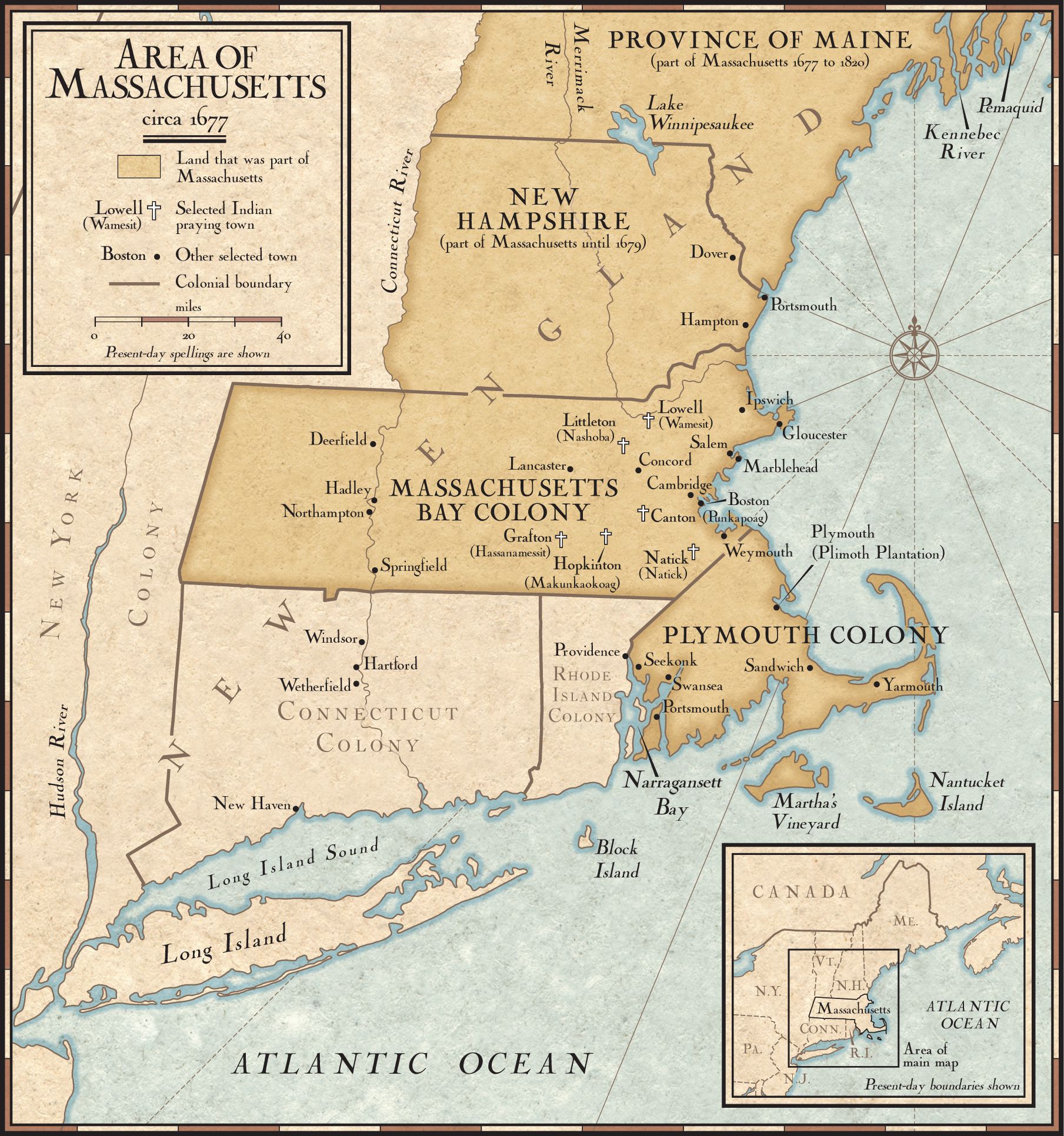 New England Colonies in 1677. National Geographic Society