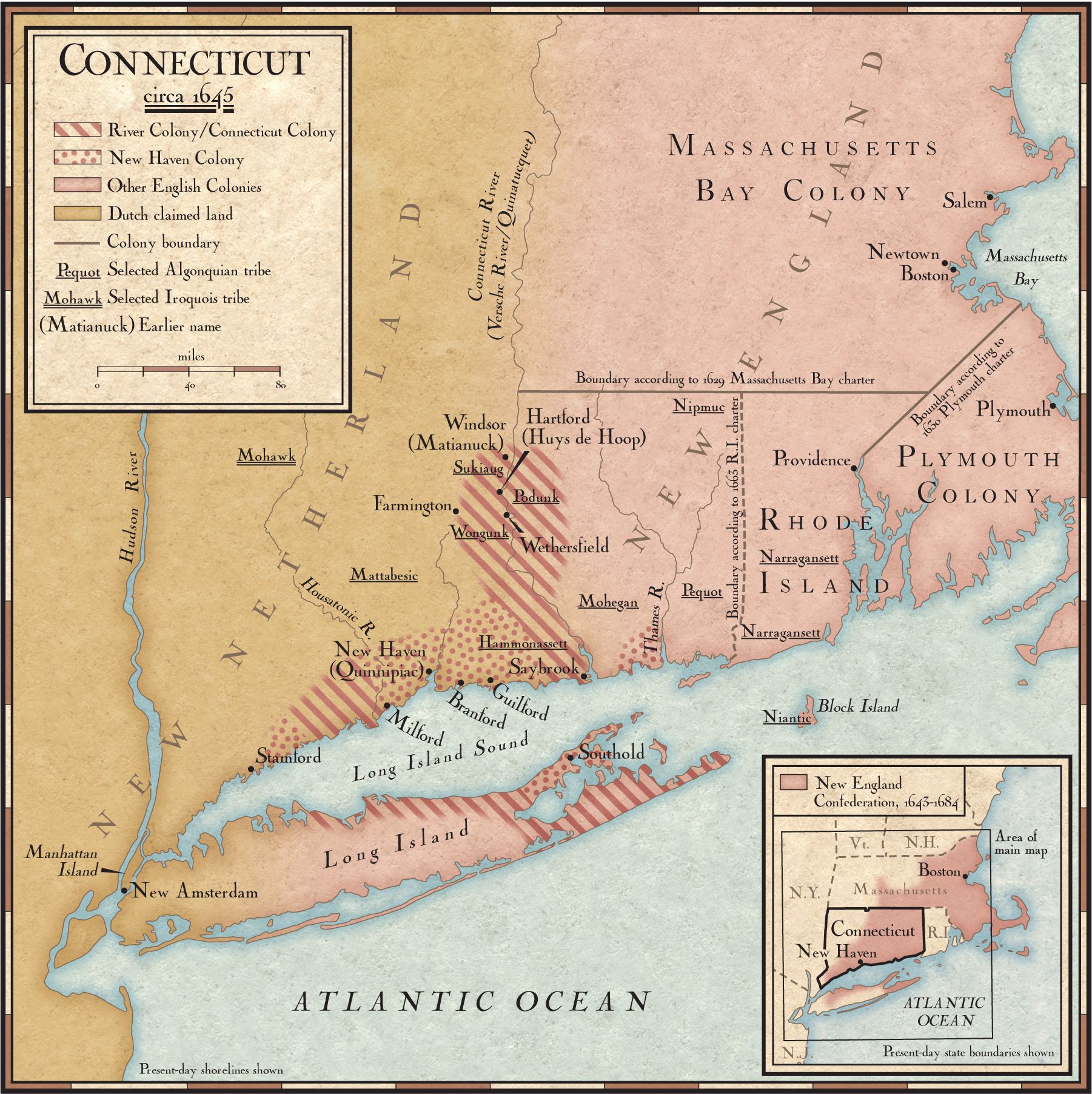 Colonies in Connecticut in the 1640s. National Geographic Society