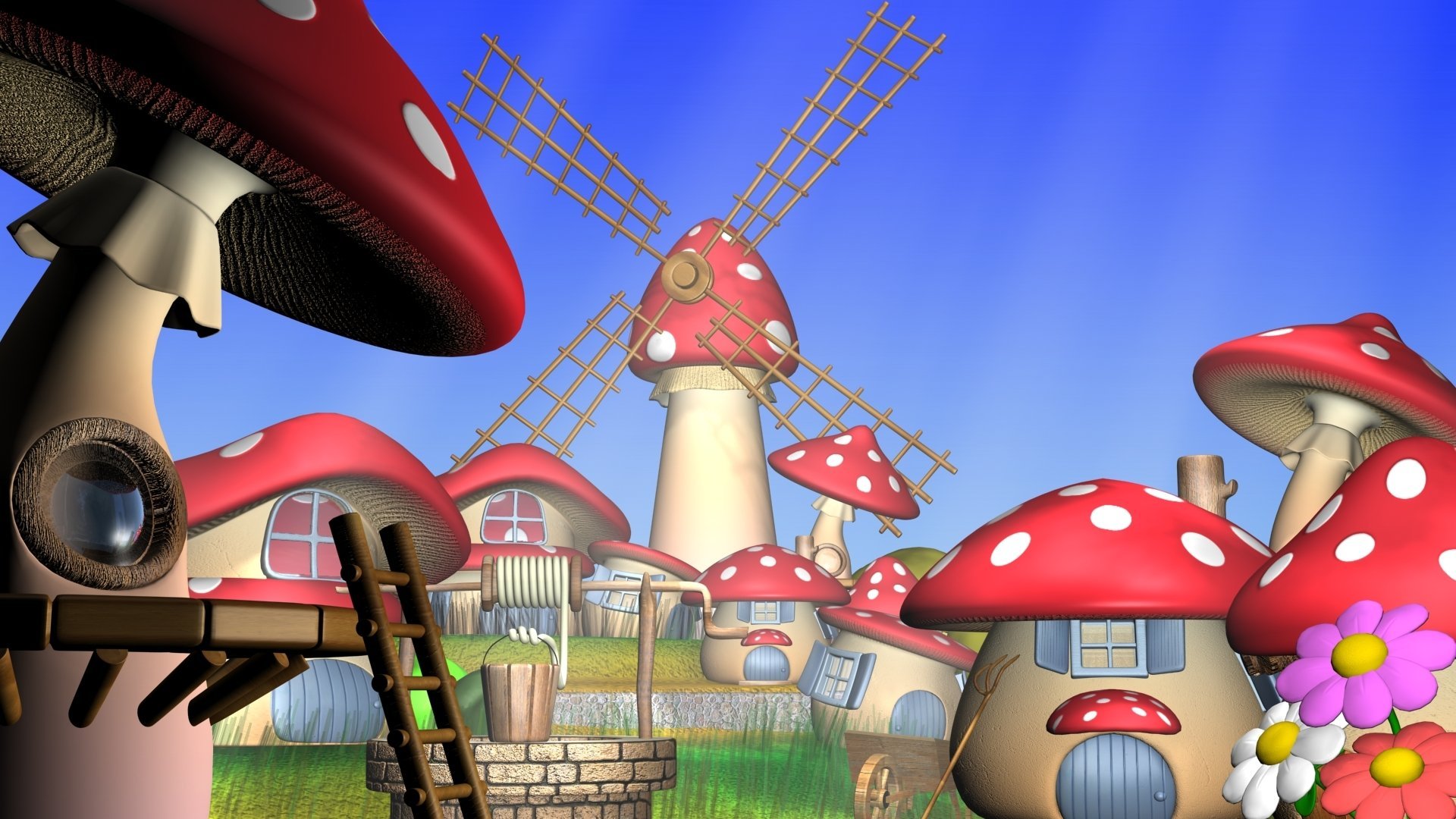 Cartoon mushroom village HD Wallpaper