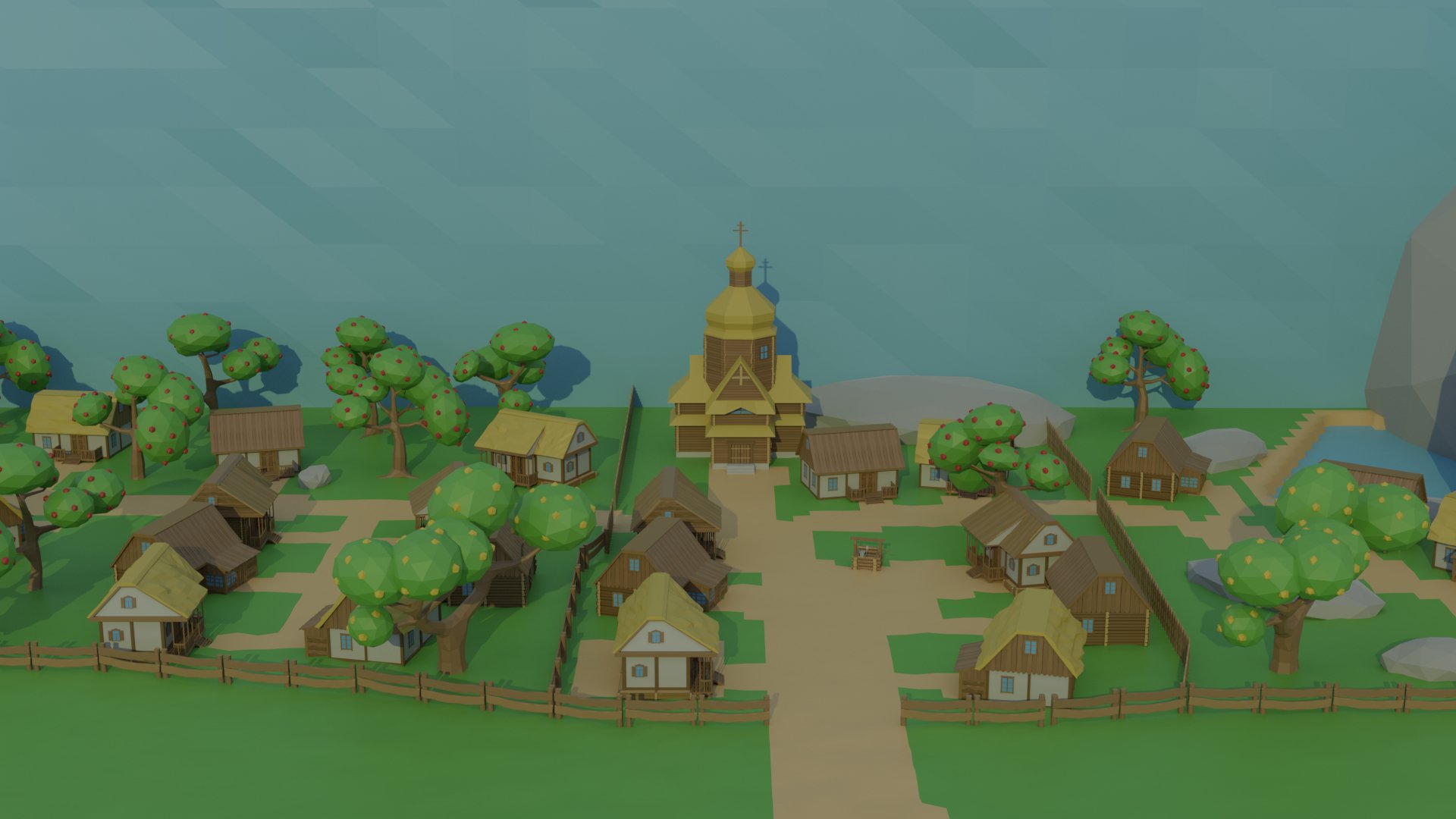 Low Poly Cartoon Medieval Village 3D Model