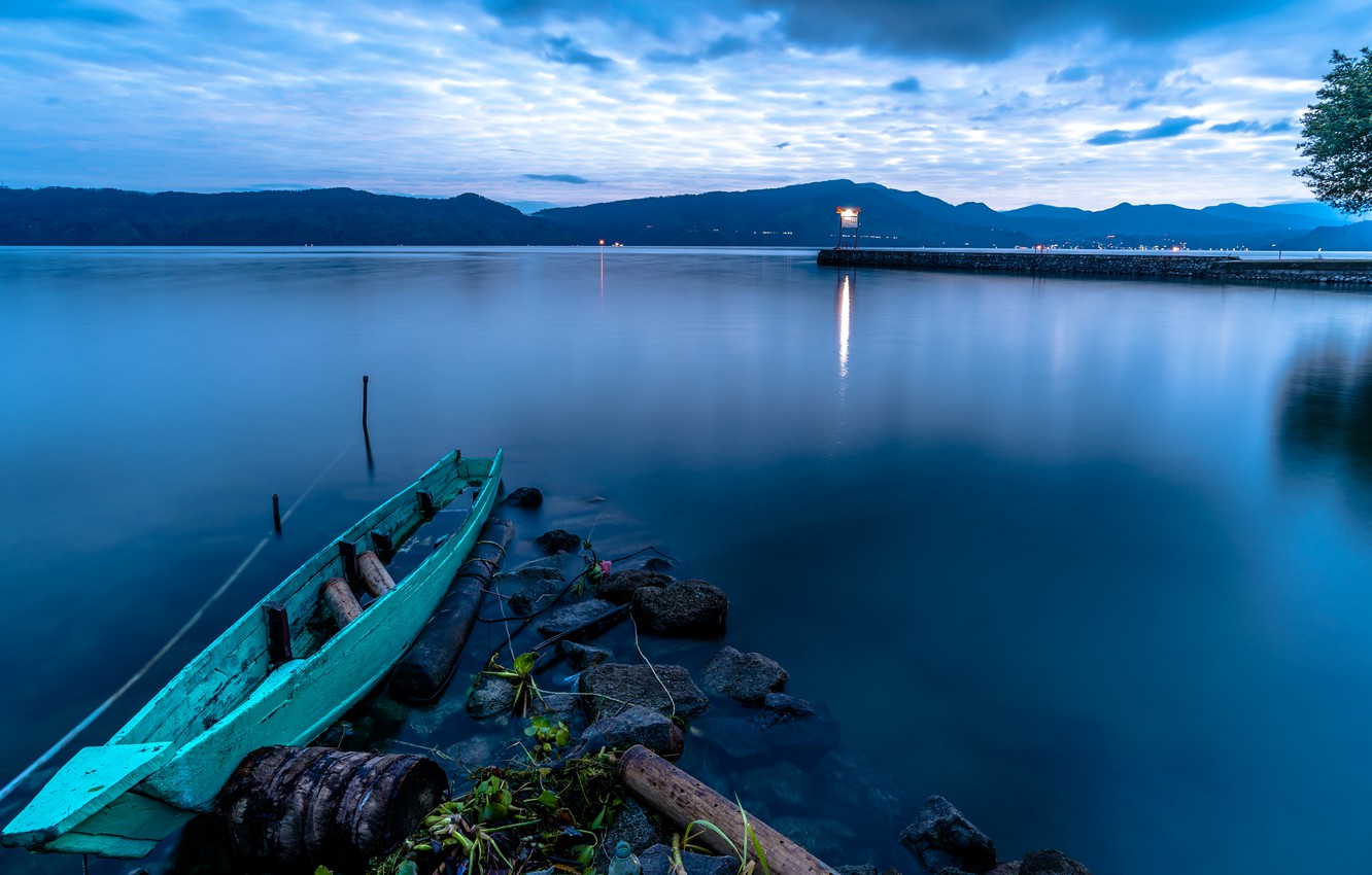 Wallpaper lake, stones, coast, boat, the evening, pier, logs, barrel, Indonesia, Sumatra, Lake Toba image for desktop, section пейзажи