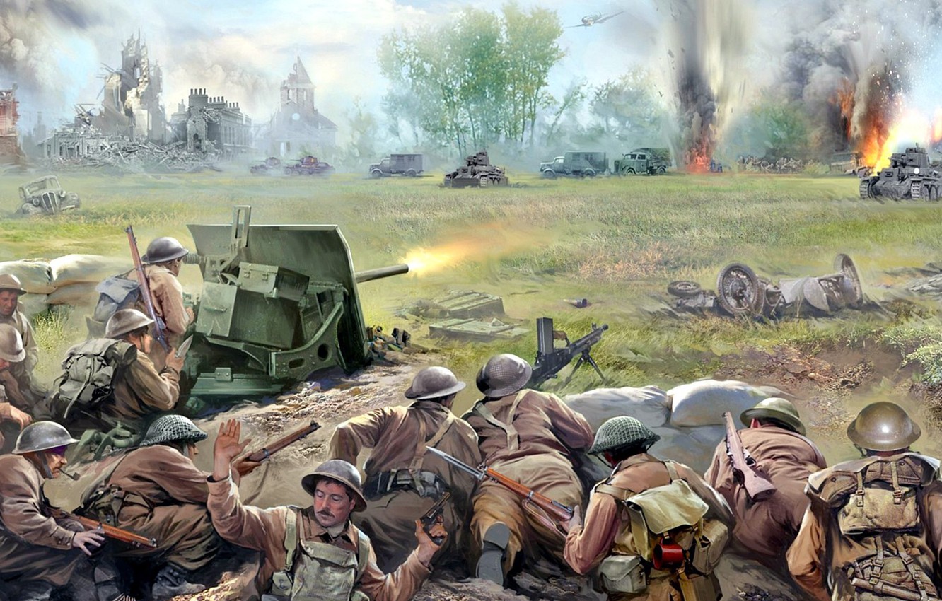 Wallpaper Figure, Art, Fighter Messerschmitt, The French Campaign, Pz.Kpfw. II, Blitzkrieg 1940, The British Forces Repulsed The German Attack, 40 Mm QF 2, A Convoy Of Opel Blitz Trucks, Light Tanks Pz.Kpfw. 38(t)