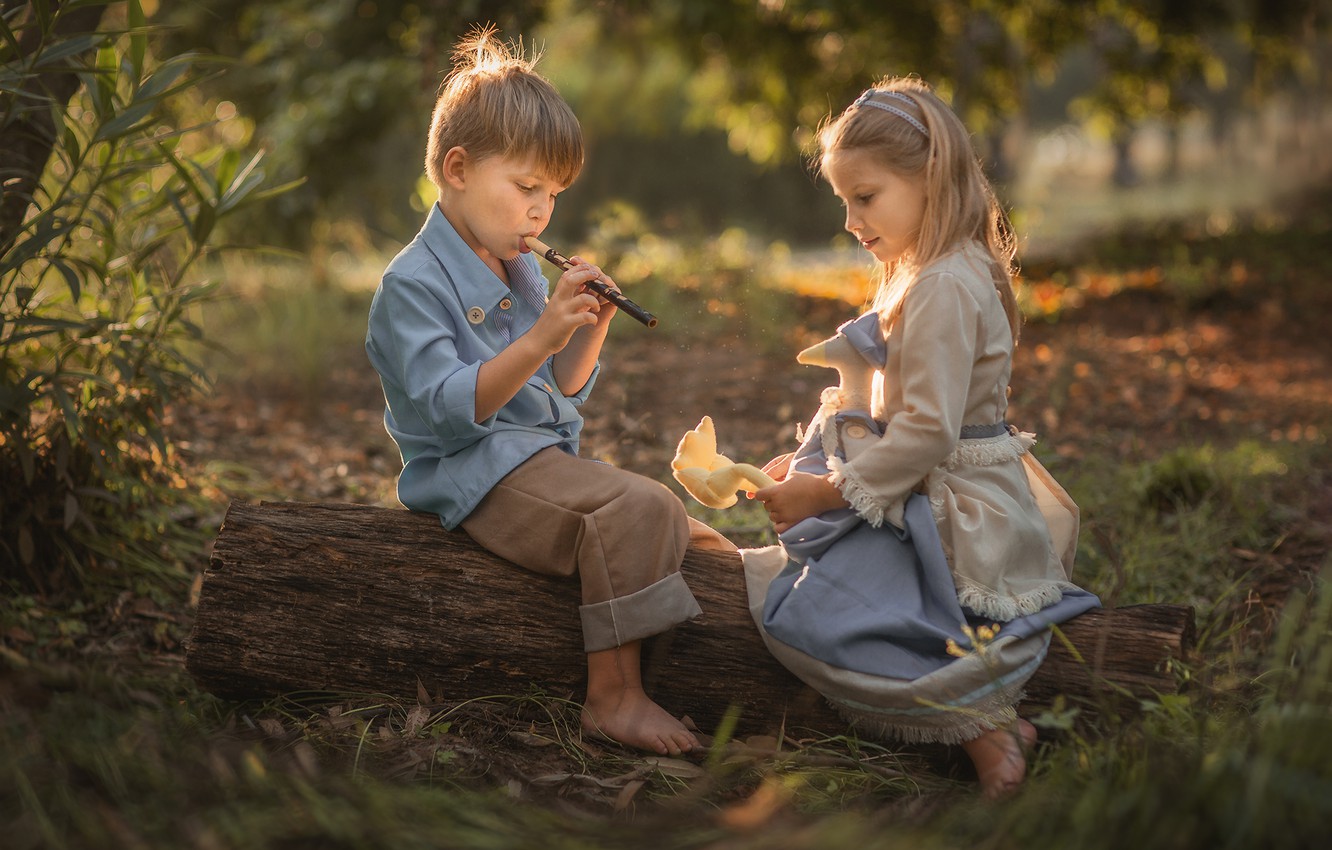 Wallpaper summer, nature, children, toy, the game, boy, girl, log, a couple, the flute, Evgeny Loza, Yevhen Makarenko image for desktop, section настроения