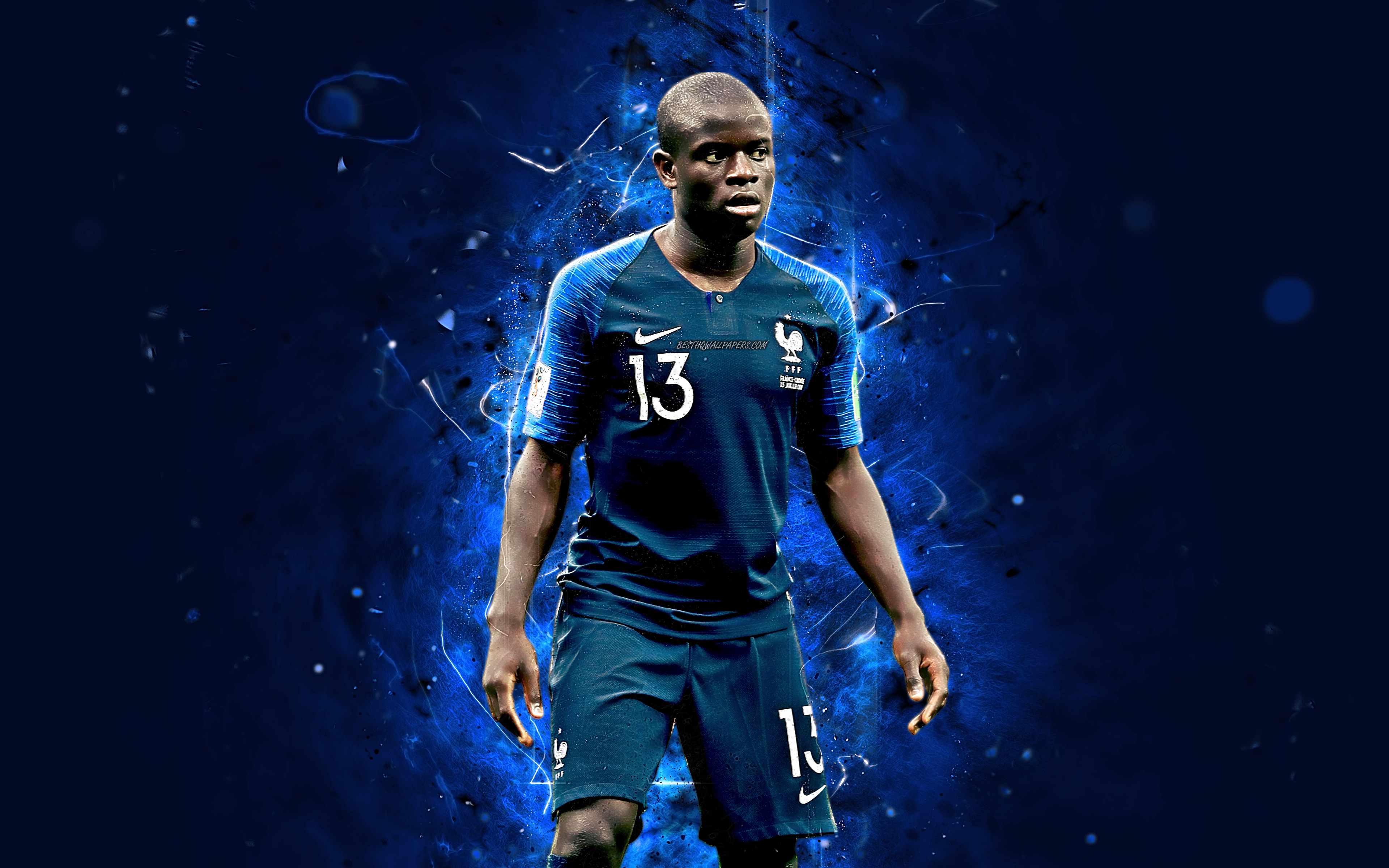 Download wallpaper Ngolo Kante, 4k, abstract art, France National Team, fan art, Kante, soccer, footballers, FFF, neon lights, French football team for desktop with resolution 3840x2400. High Quality HD picture wallpaper