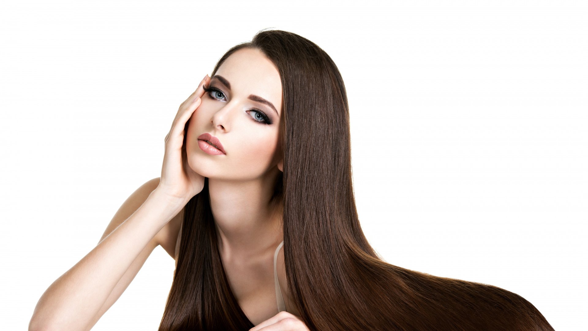 Brunette Girl Model With Long Brown Hair In White Background HD Model Wallpaper