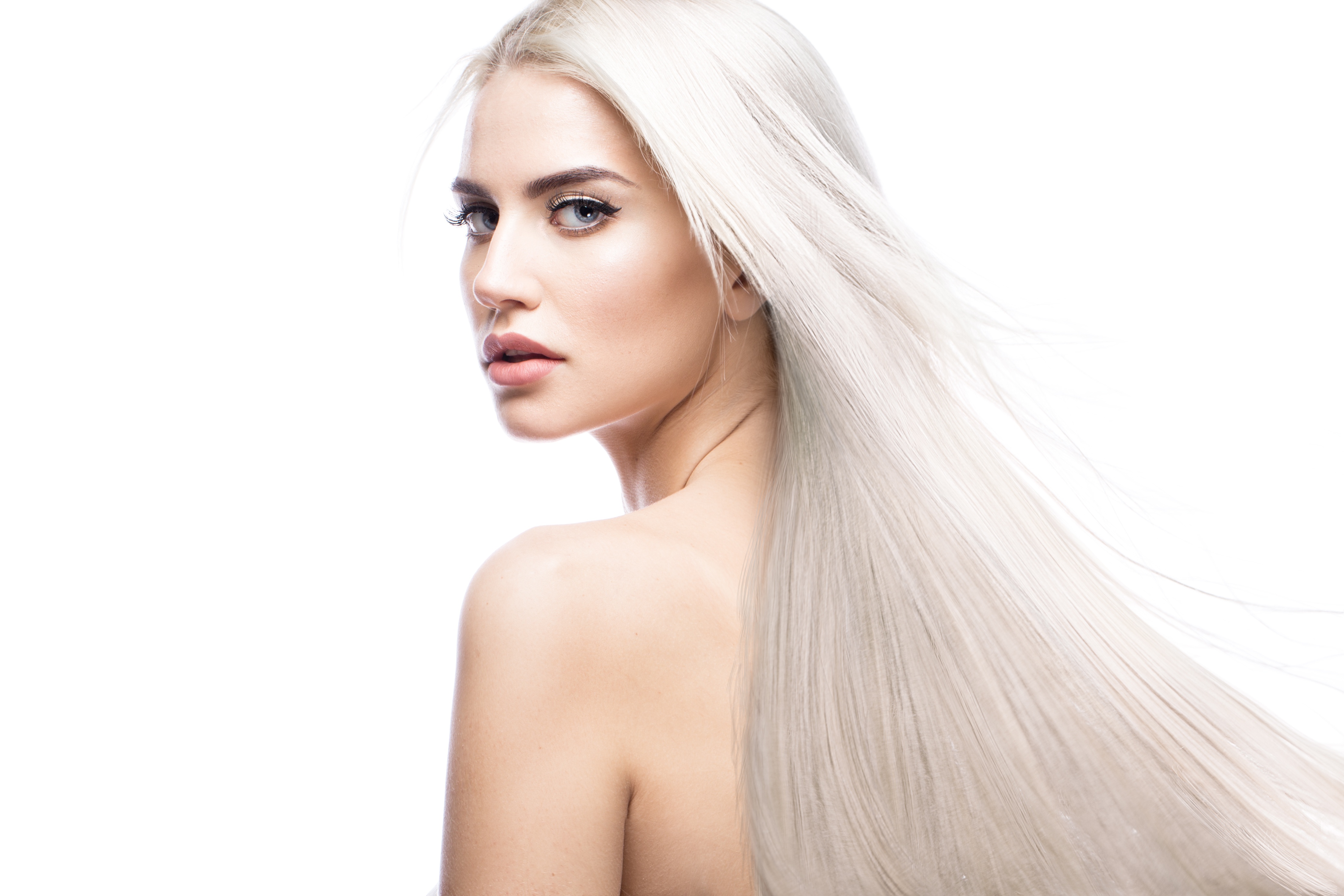 Wallpaper, women, platinum blonde, white hair, model, long hair, face, bare shoulders, white background 4411x2941