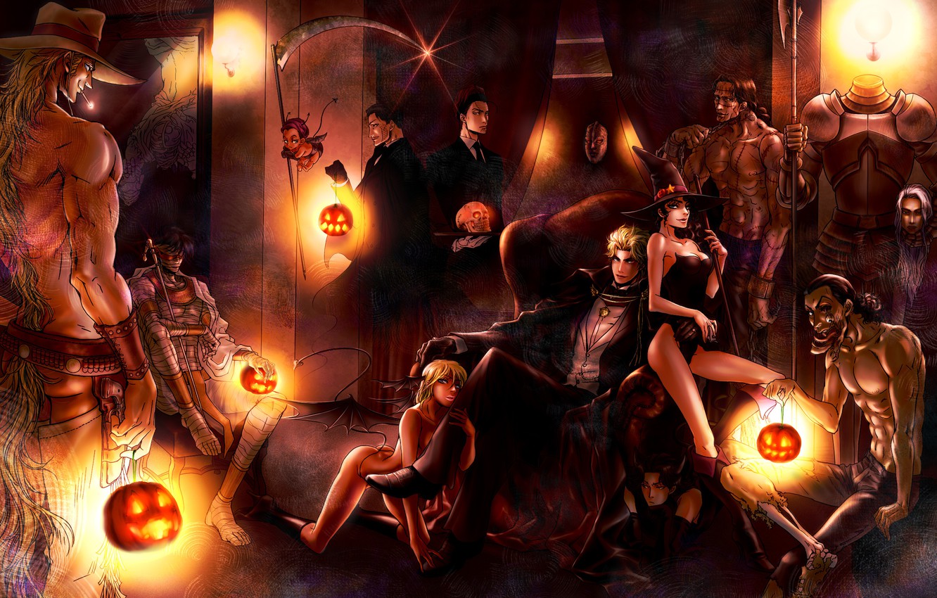 Wallpaper Girls, Room, Skull, Chair, Hat, The Demon, Art, Monsters, Pumpkin, Braid, Guys, Halloween, Armor, Mummy, Kyo Ra, Jojo No Kimyou Na Bouken Image For Desktop, Section праздники