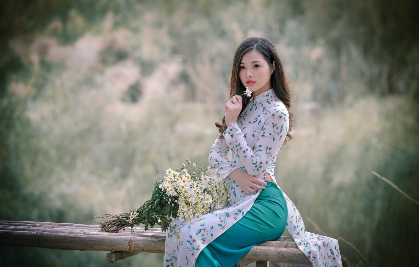 Wallpapers girl, flowers, dress, Asian, sitting, Vietnamese image for deskt...