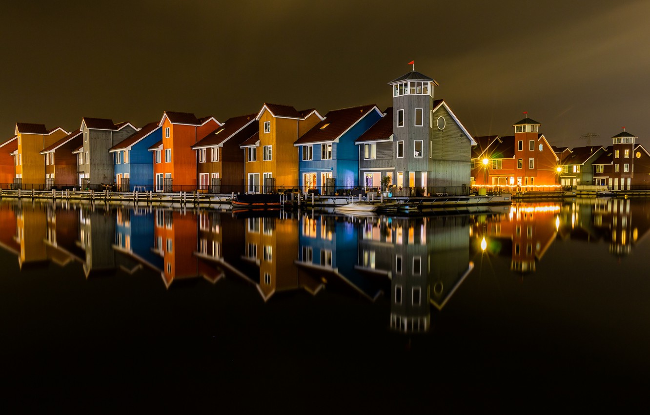 Wallpaper lights, the evening, backlight, channel, Netherlands, Holland, Groningen image for desktop, section город
