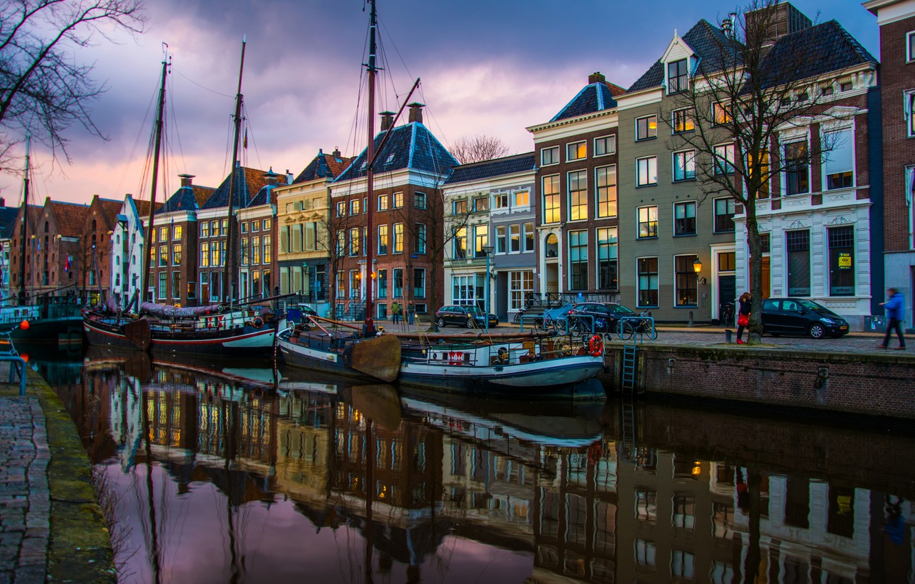 Wallpaper water, reflection, river, home, yachts, the evening, channel, Netherlands, Groningen image for desktop, section город