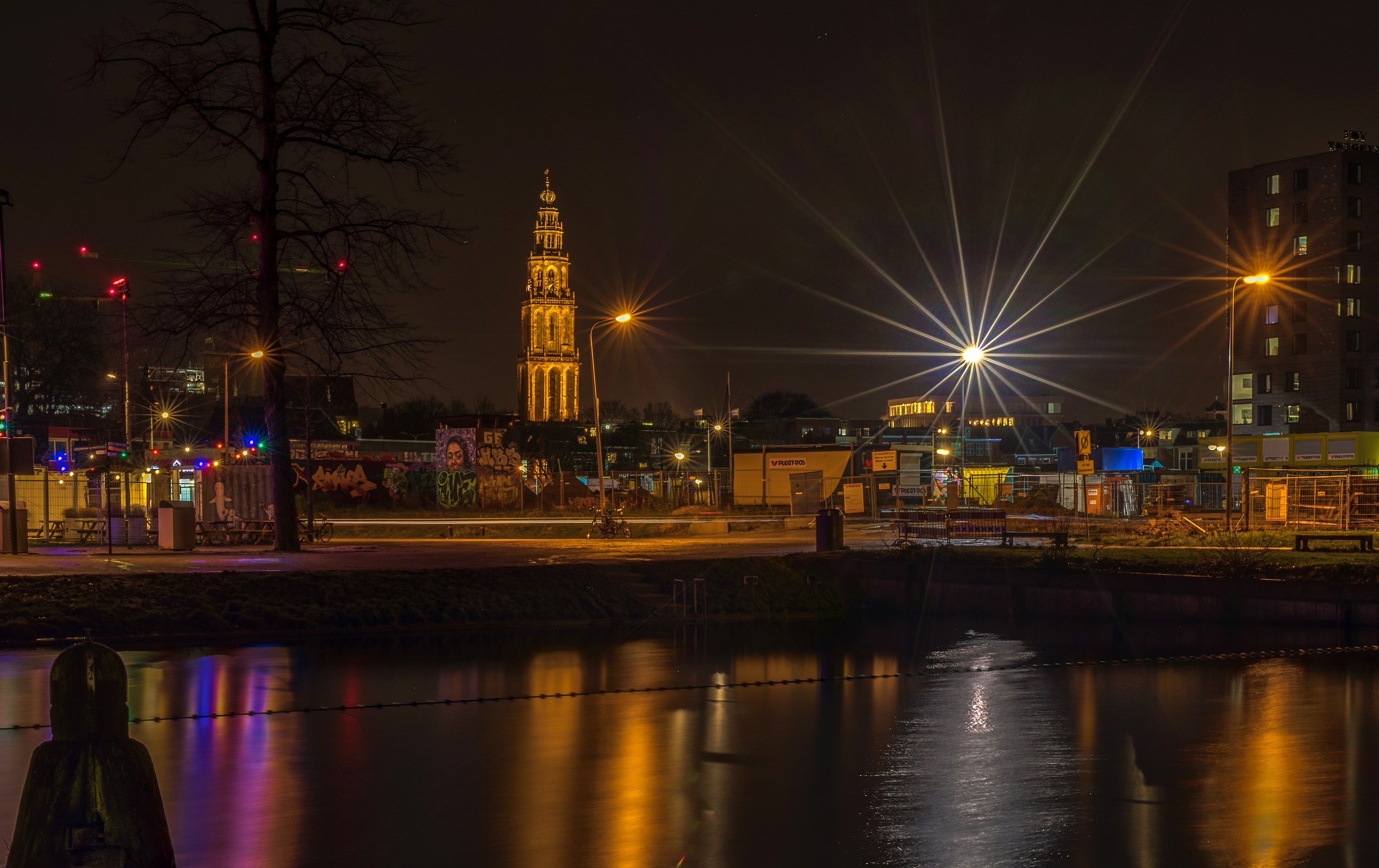 Groningen, Netherlands, Houses, Rivers, Night, Street lights HD Wallpaper