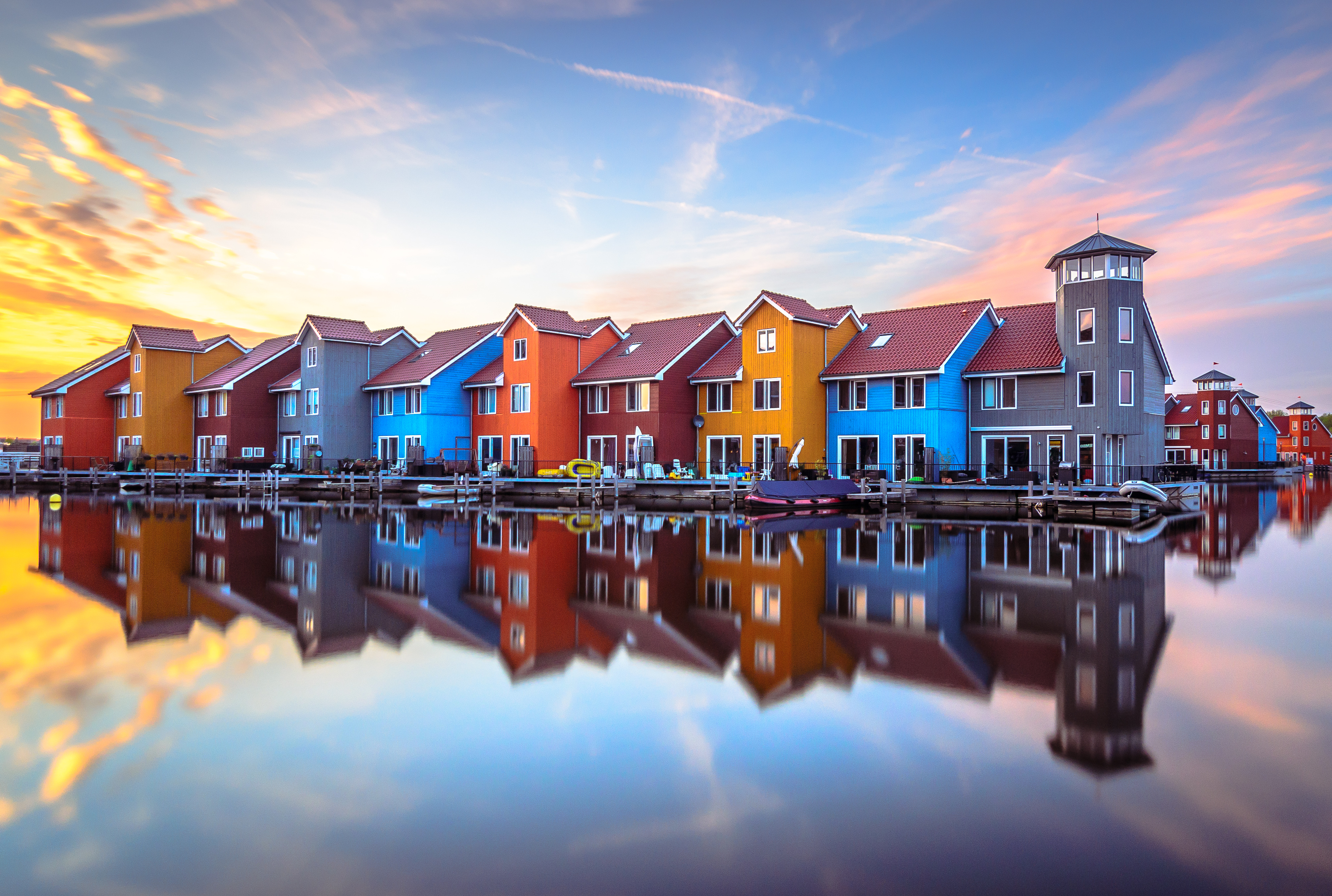 Wallpaper, sunset, holland, colors, architecture, buildings, saturated, Nikon, North, wideangle, tokina, netherland, Groningen, waterside, coloredhouses, longexpo, innamoramento, d7000 4020x2706