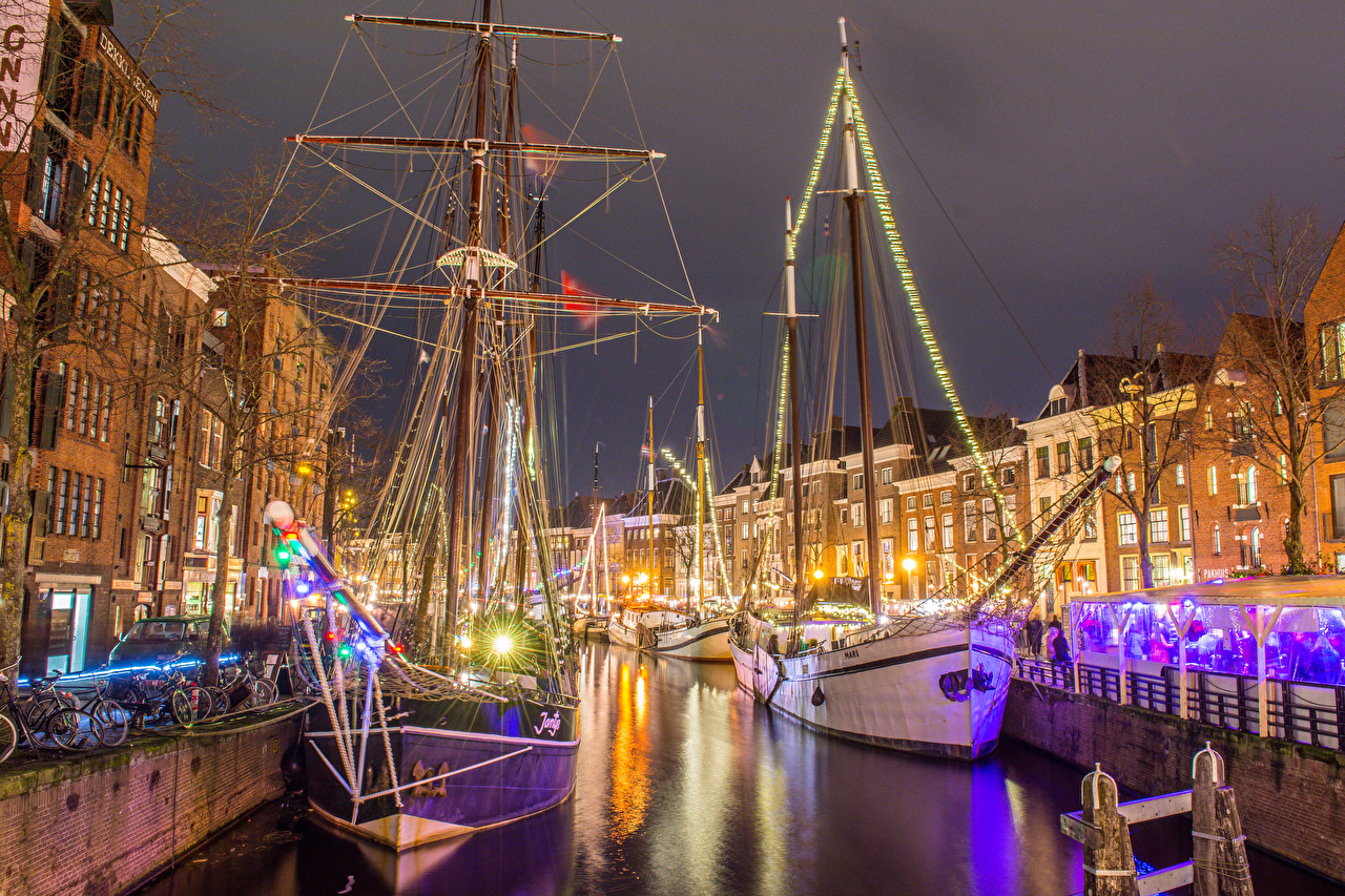 Wallpaper Groningen Netherlands Canal Ships Sailing night time
