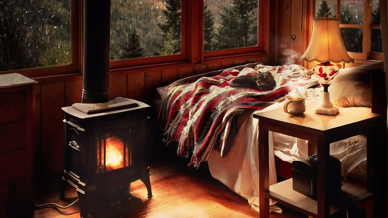 Cozy Cabin Ambience and Fireplace Sounds at Night 8 Hours for Sleeping, Reading, Relaxation