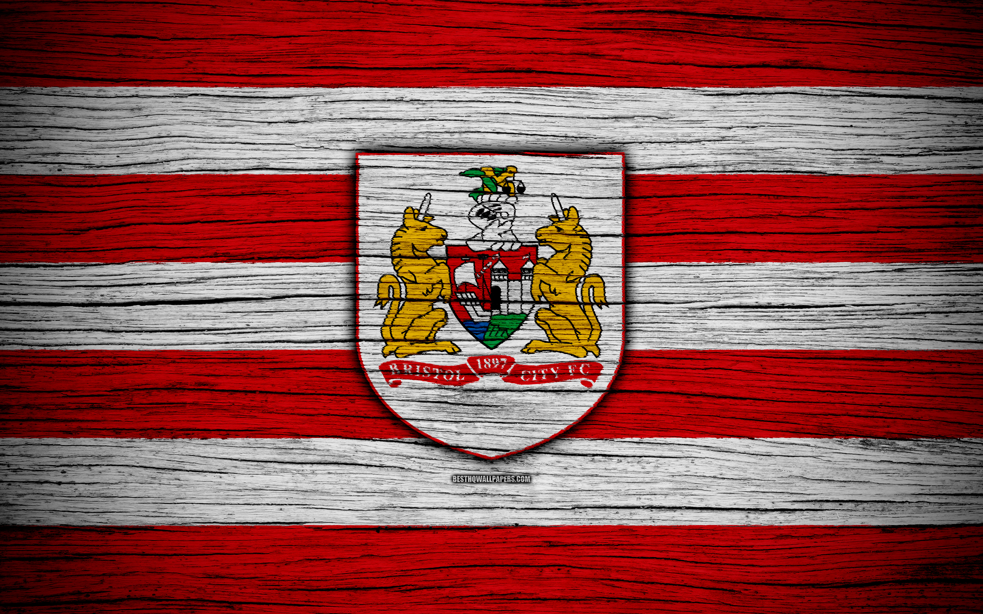 Download wallpaper Bristol City FC, 4k, EFL Championship, soccer, football club, England, Bristol City, logo, wooden texture, FC Bristol City for desktop with resolution 3840x2400. High Quality HD picture wallpaper