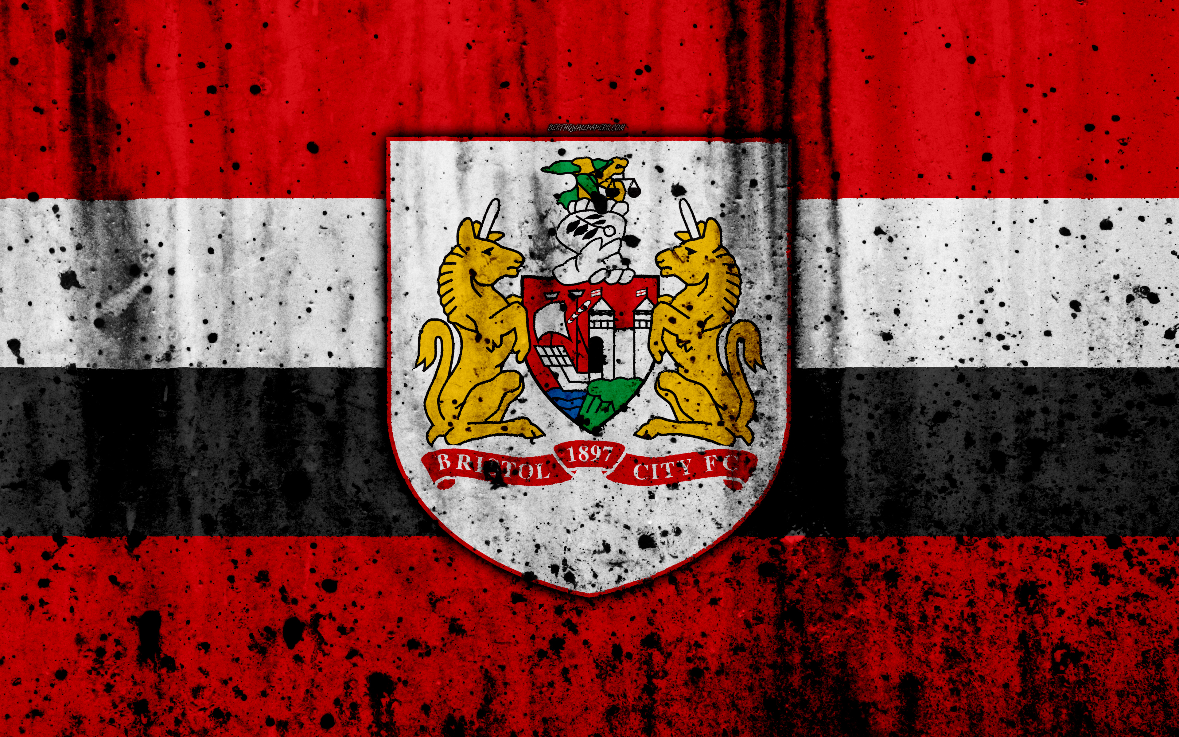 Download wallpaper 4k, FC Bristol City, grunge, EFL Championship, art, soccer, football club, England, Bristol City, logo, stone texture, Bristol City FC for desktop with resolution 3840x2400. High Quality HD picture wallpaper