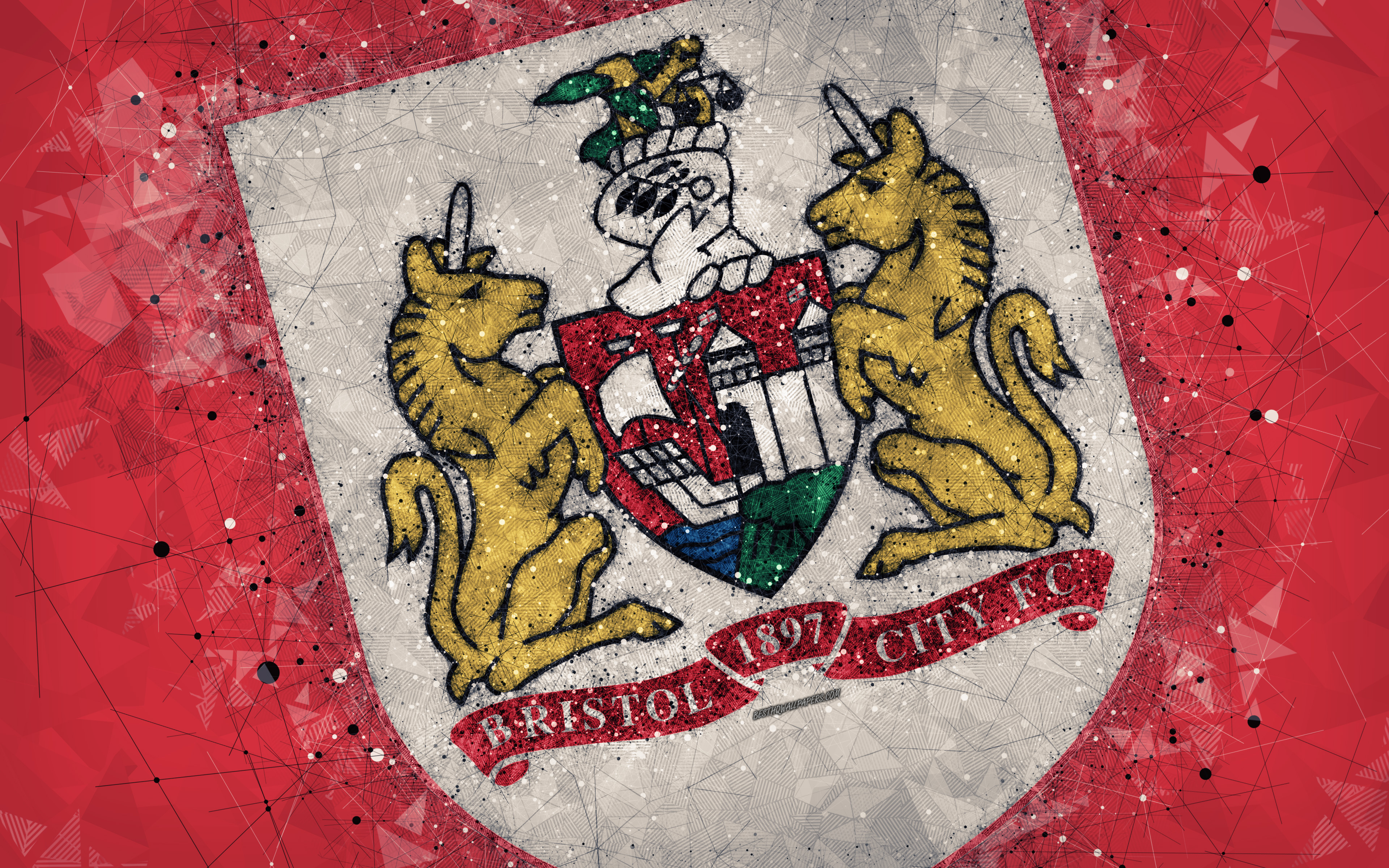 Download wallpaper Bristol City FC, 4k, geometric art, logo, red abstract background, English football club, emblem, EFL Championship, Bristol, England, United Kingdom, football, English Championship for desktop with resolution 3840x2400. High Quality