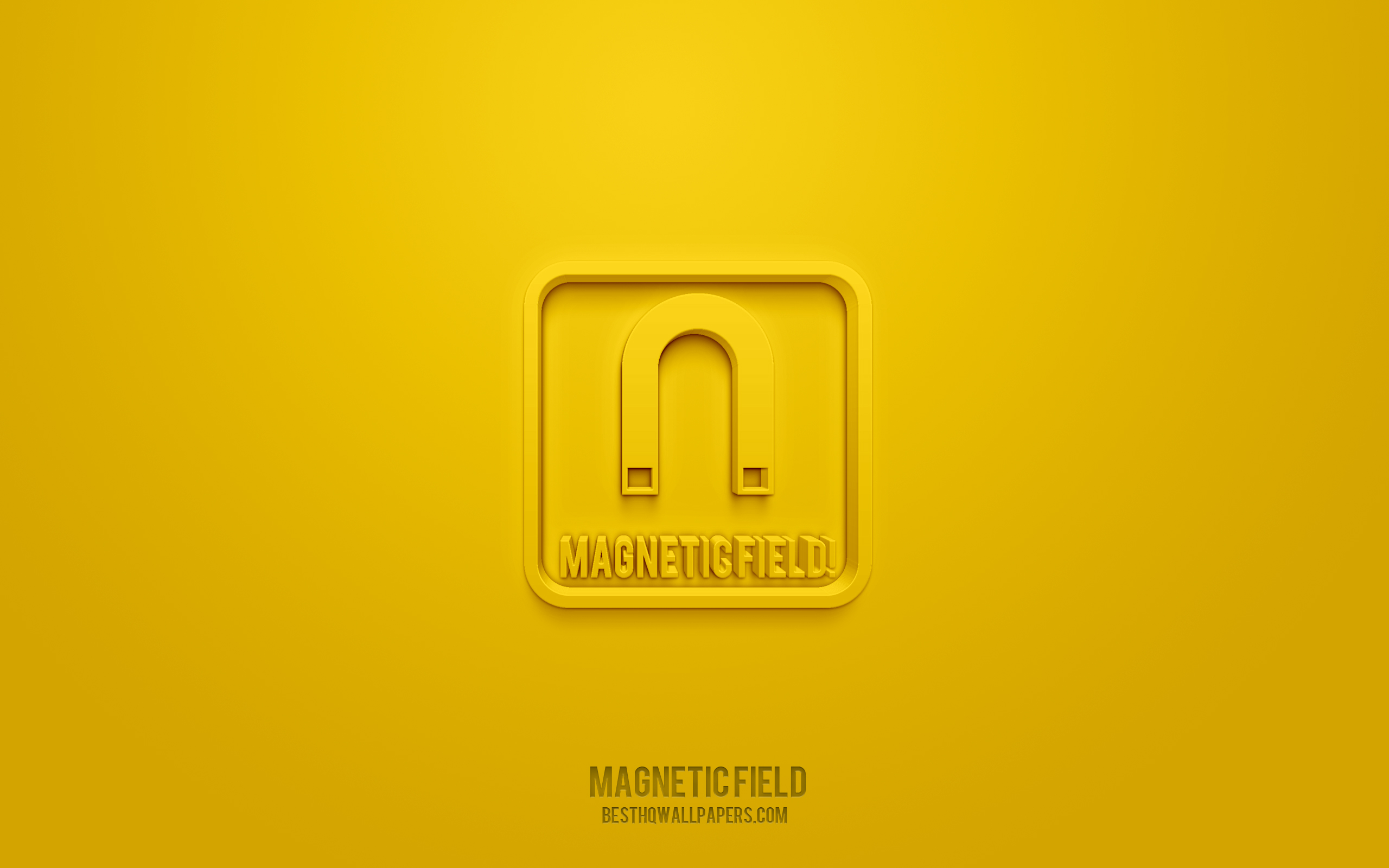 Download wallpaper Magnetic field 3D icon, yellow background, 3D symbols, Magnetic field, Warning icons, 3D icons, Magnetic field sign, Warning 3D icons, yellow warning signs for desktop with resolution 2560x1600. High Quality
