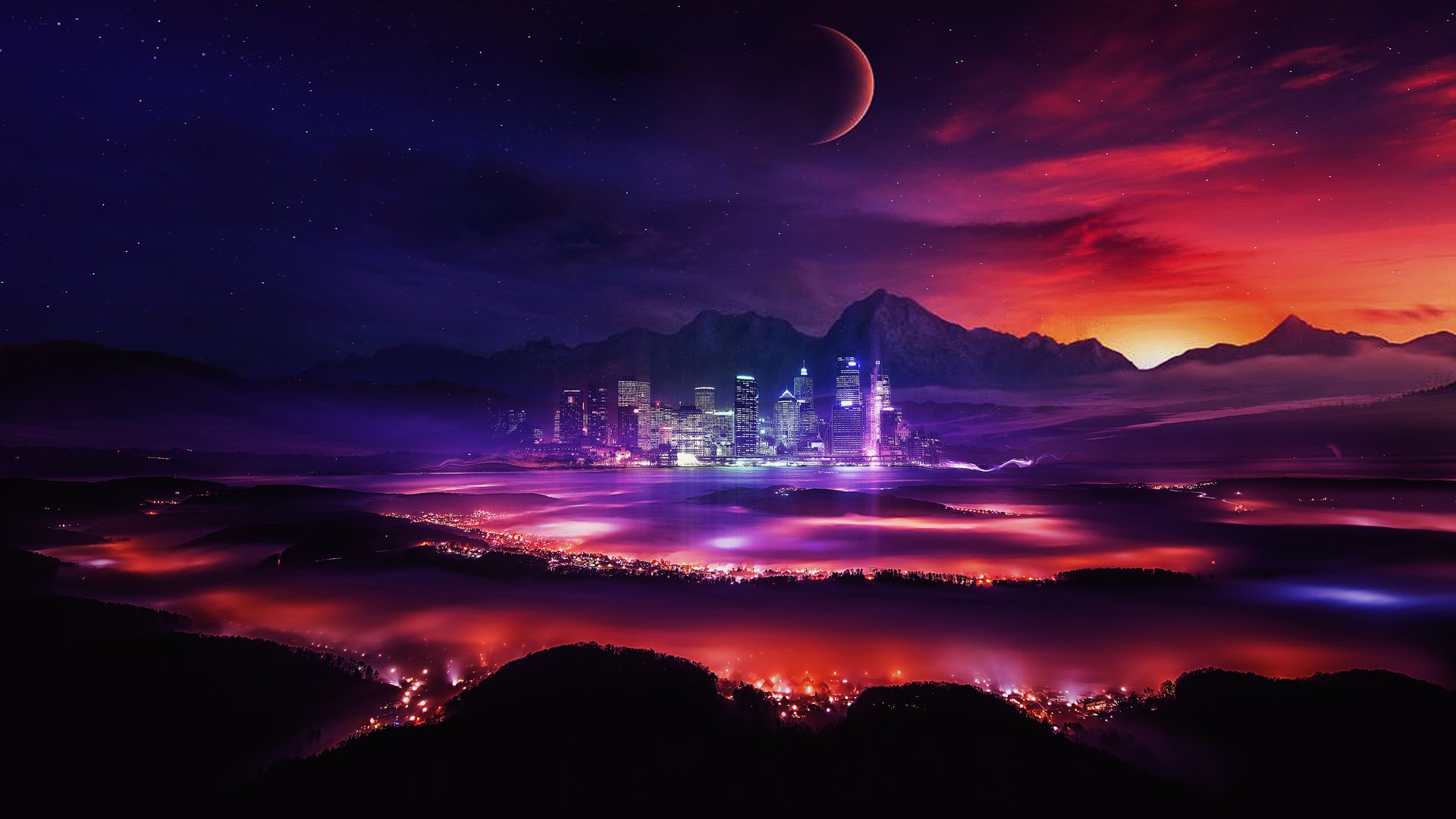 Wallpaper, planet, Moon, stars, space, mountains, lights, night sky, city, panoramic view, colorful 1920x1080