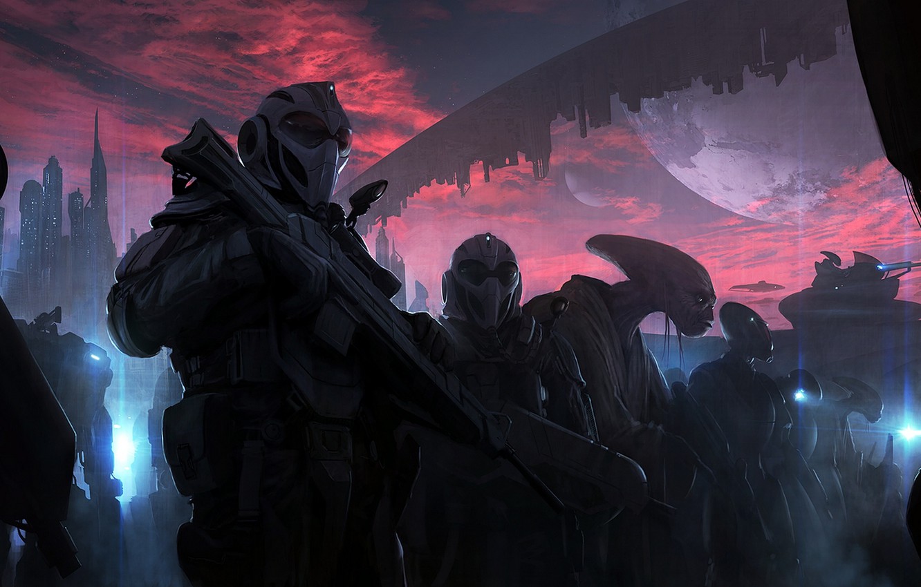 Wallpaper The Sky, Clouds, Sunset, City, The City, Weapons, Fiction, Planet, Ships, Aliens, Landing, Sci Fi, Aliens, Planets, CG Wallpaper, Marines Image For Desktop, Section фантастика