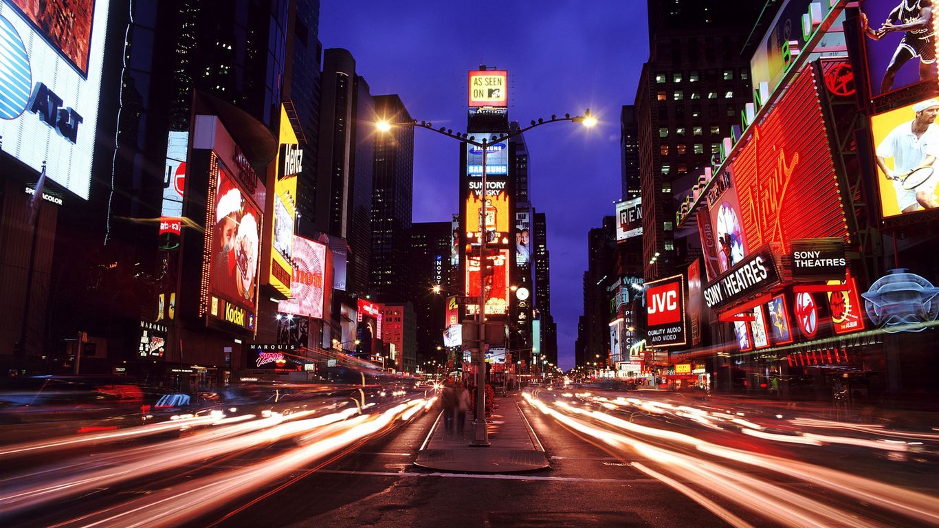 Download wallpaper 1366x768 new york, times square, night city, metropolis tablet, laptop HD background